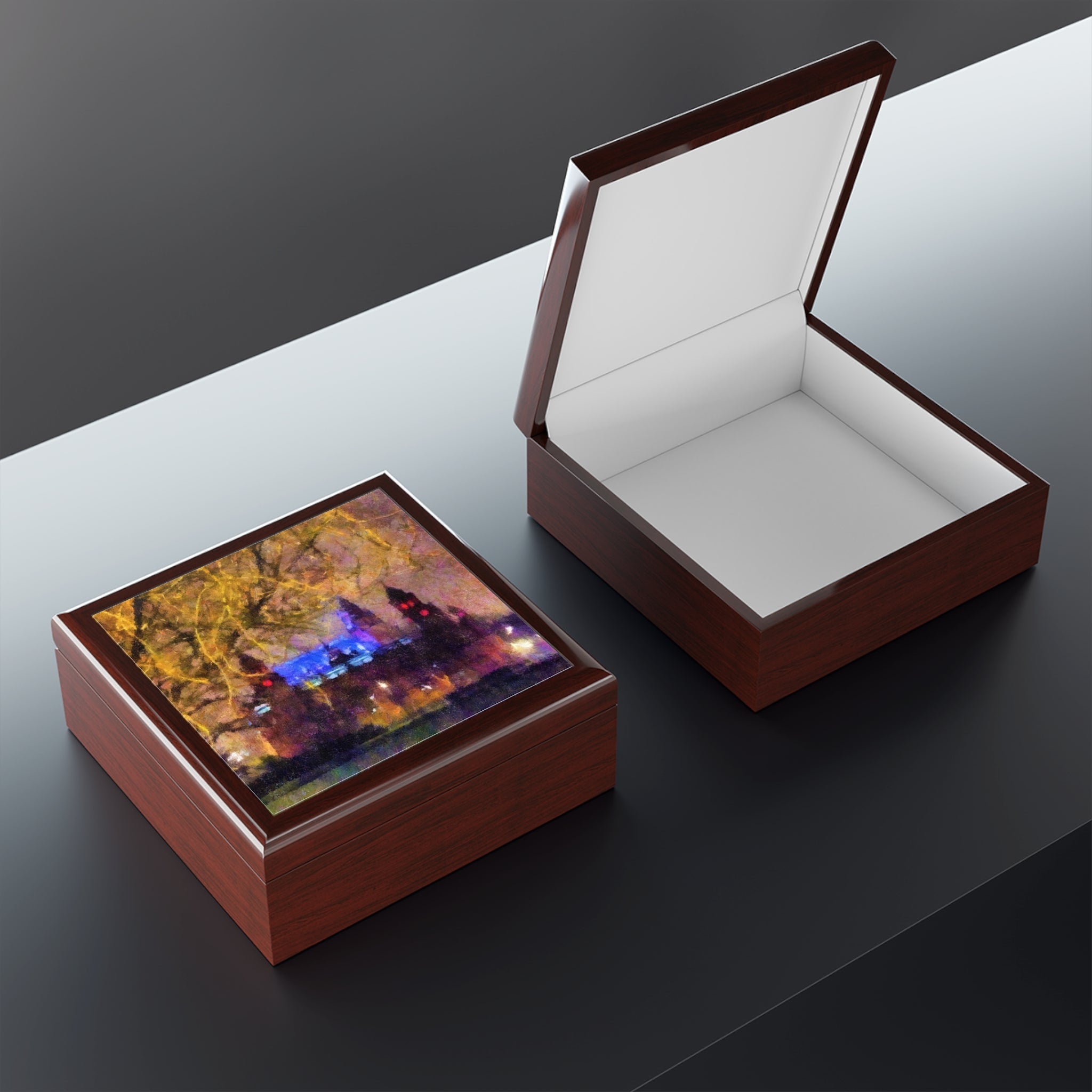 Kelvingrove Nights jewelry box with illuminated Scottish city print lid