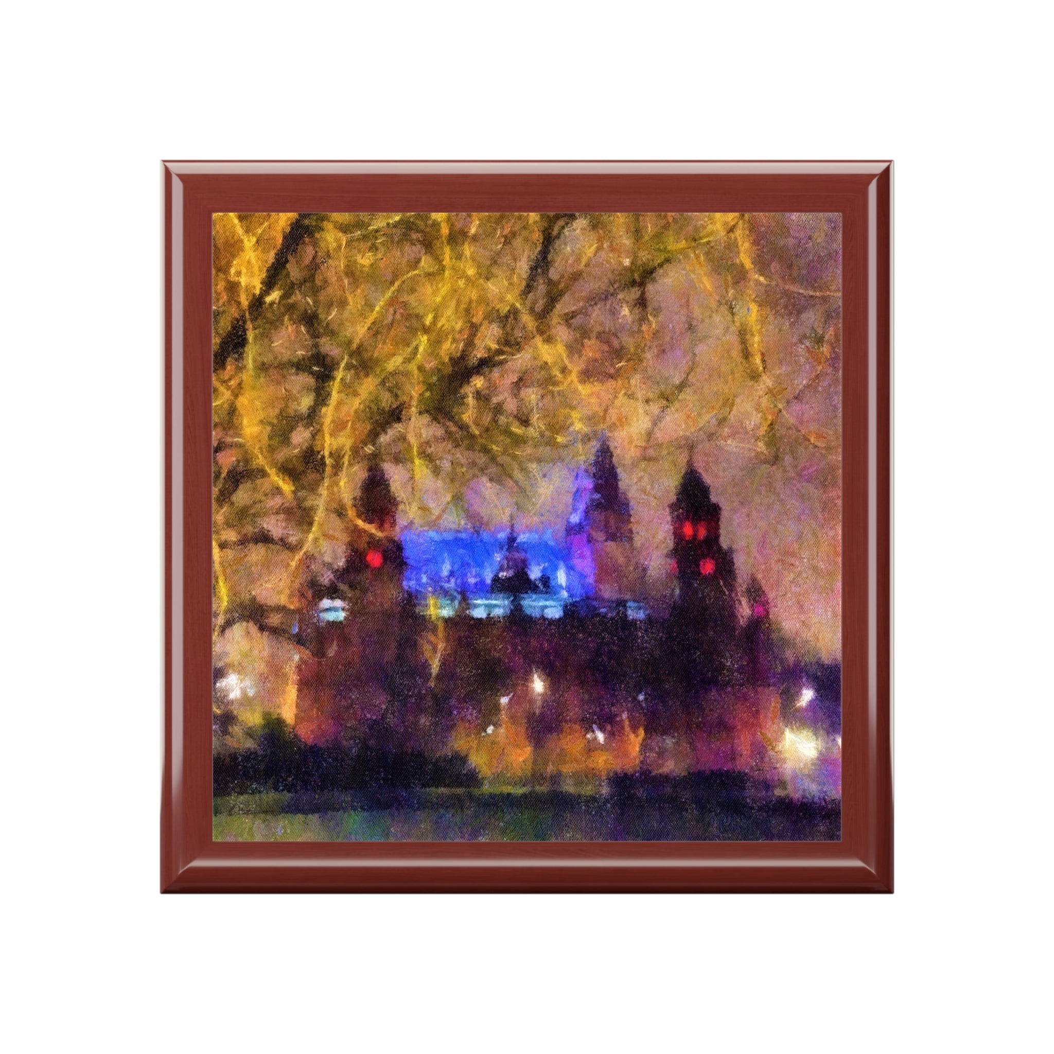 Kelvingrove Nights square wooden tile with glowing castle towers and golden branches