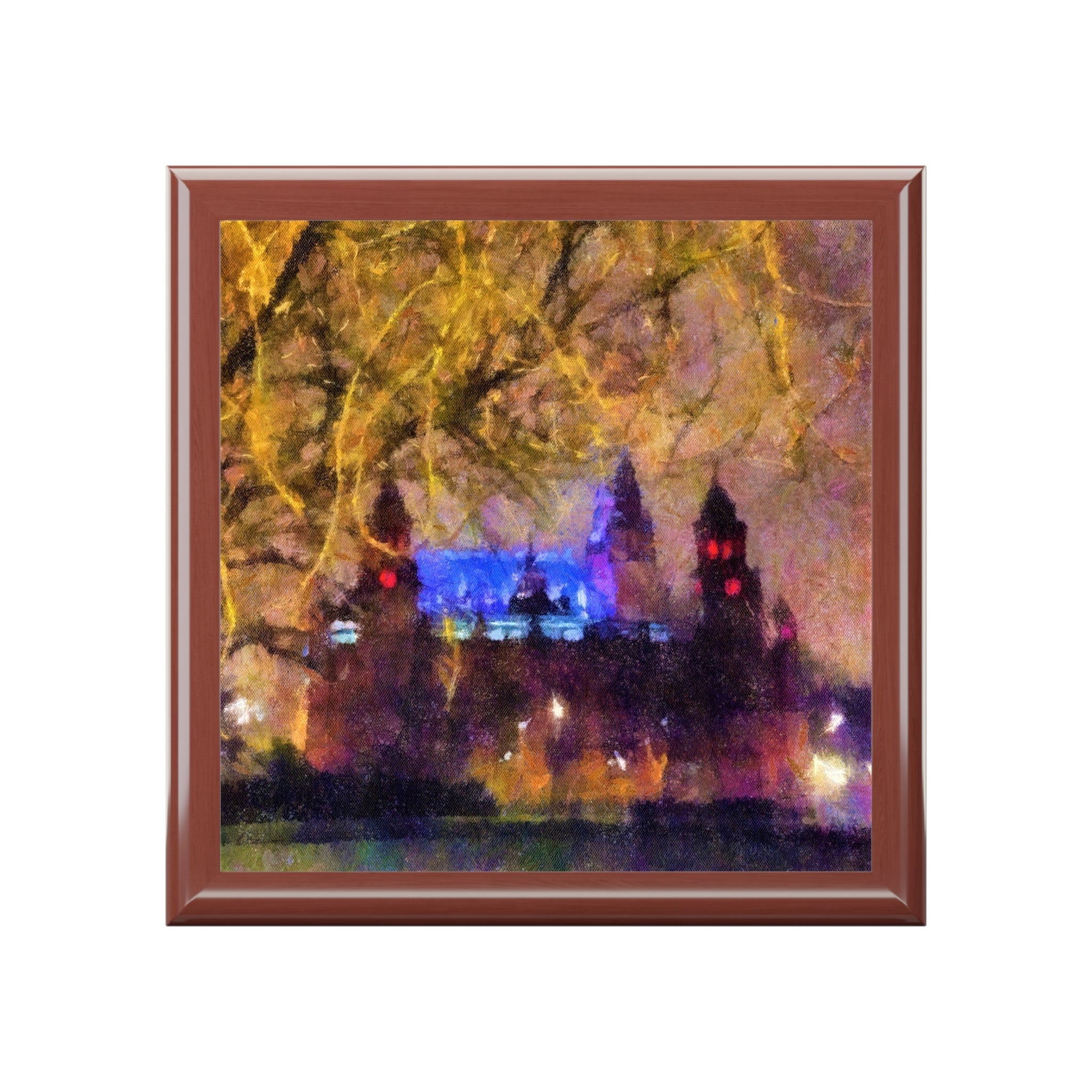 Kelvingrove Nights brown framed tile with glowing castle towers and golden trees