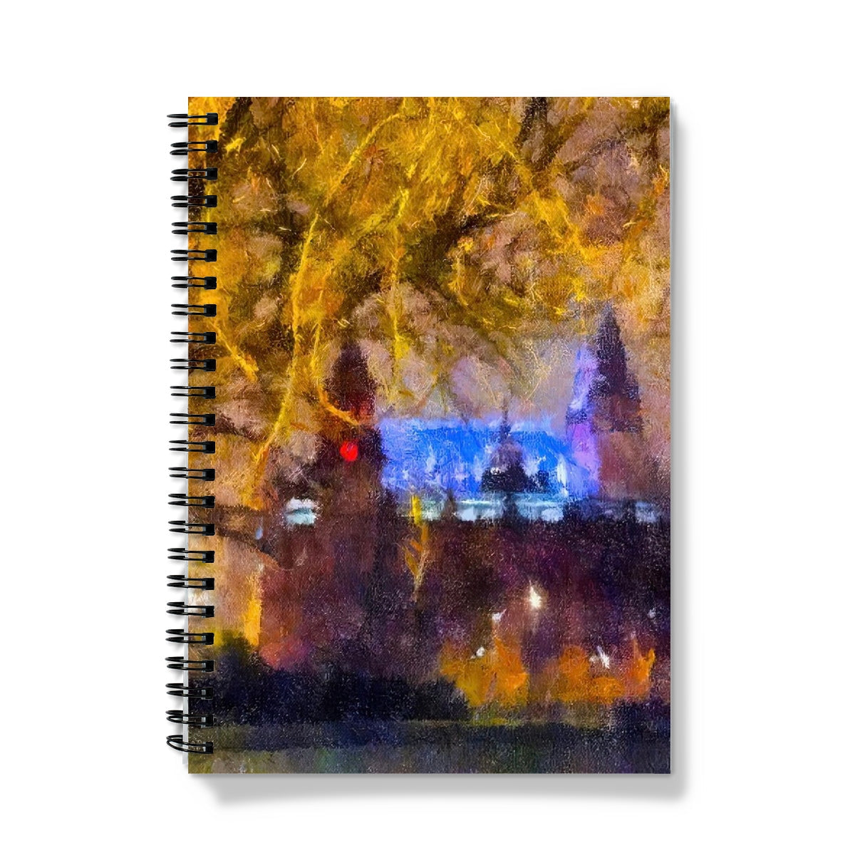 Kelvingrove Nights Notebook with impressionistic cityscape, yellow trees, and blue-lit buildings