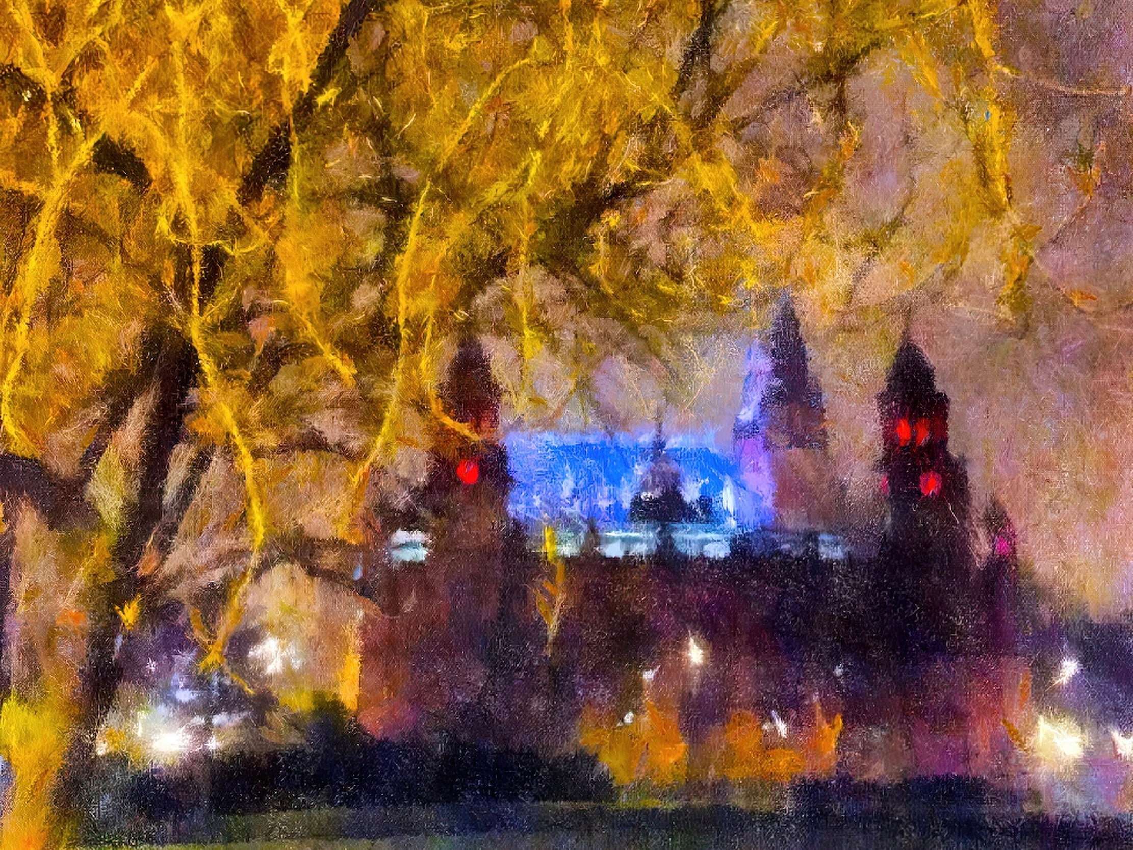Impressionistic Kelvingrove Parliament building at night in the Kelvingrove Nights Original Painting