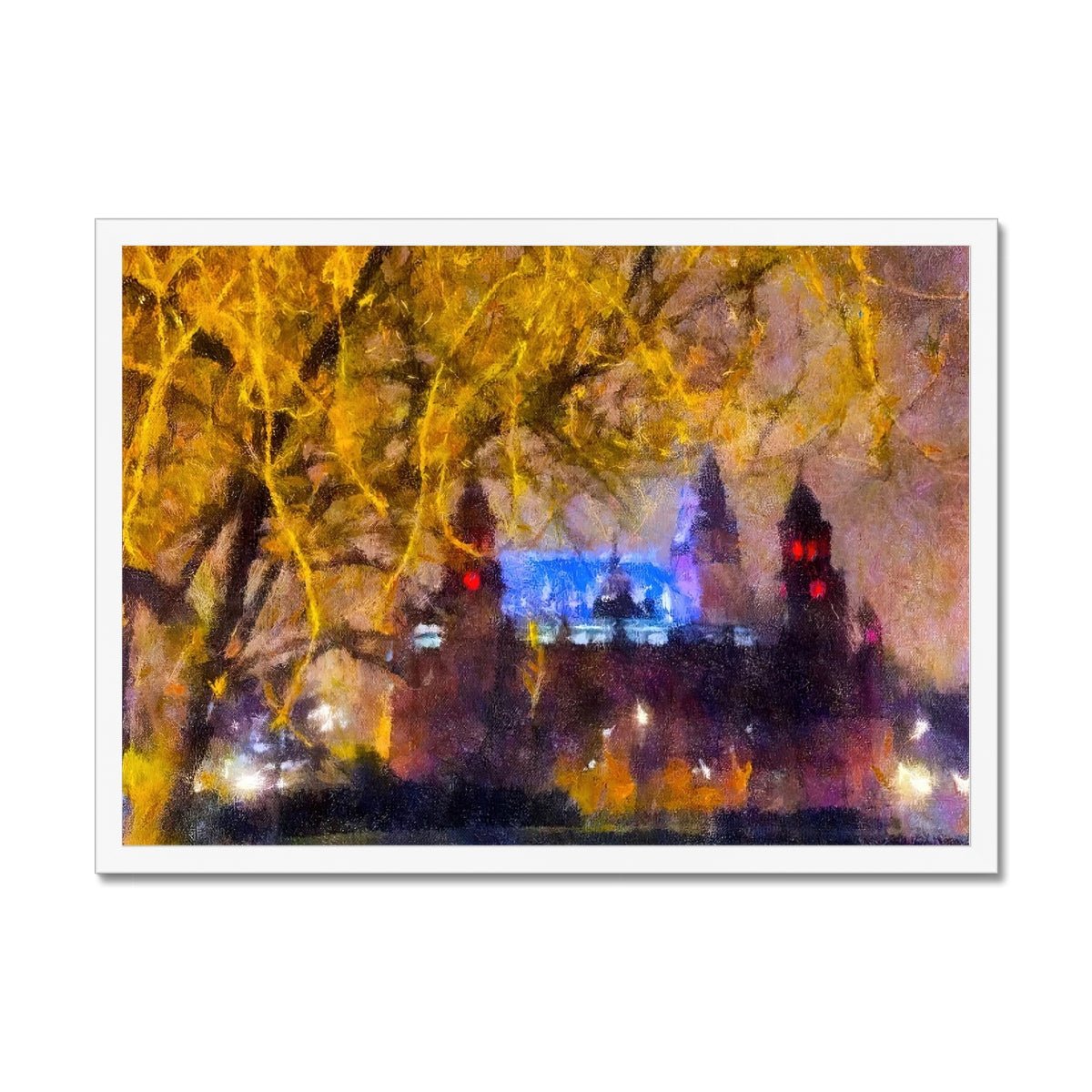 Kelvingrove Nights Painting | Framed Prints From Scotland-Framed Prints-Edinburgh & Glasgow Art Gallery-A2 Landscape-White Frame-Paintings, Prints, Homeware, Art Gifts From Scotland By Scottish Artist Kevin Hunter