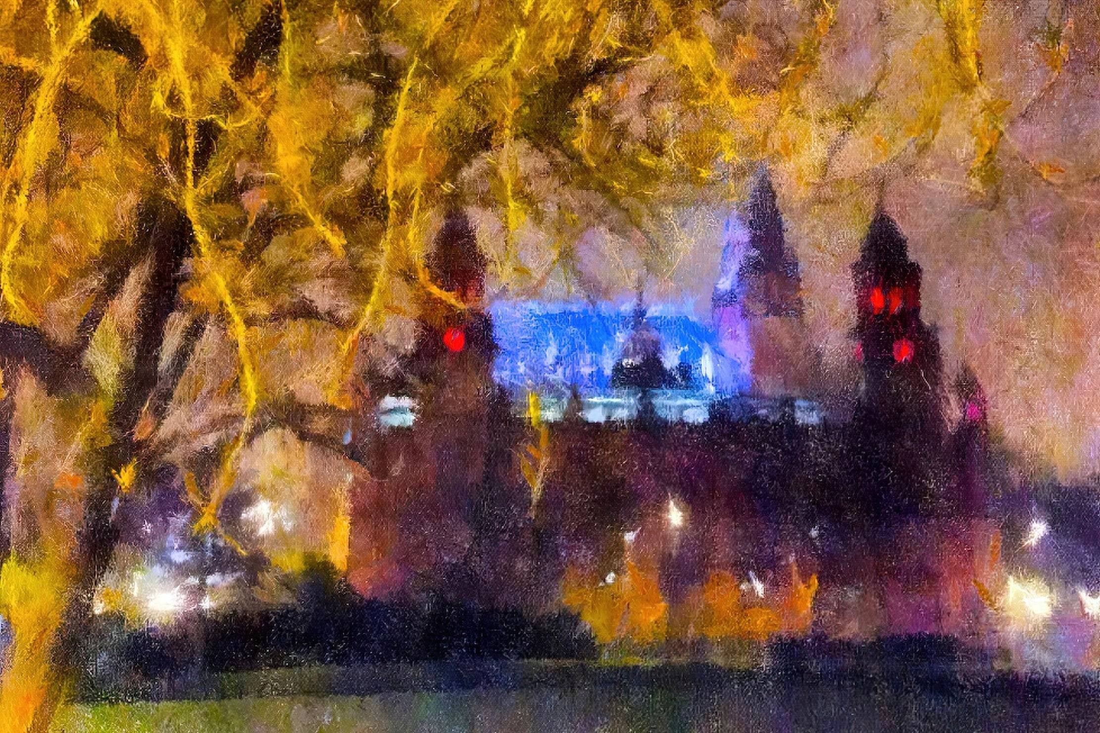 Impressionistic painting of Kelvingrove Building at night with golden tree branches