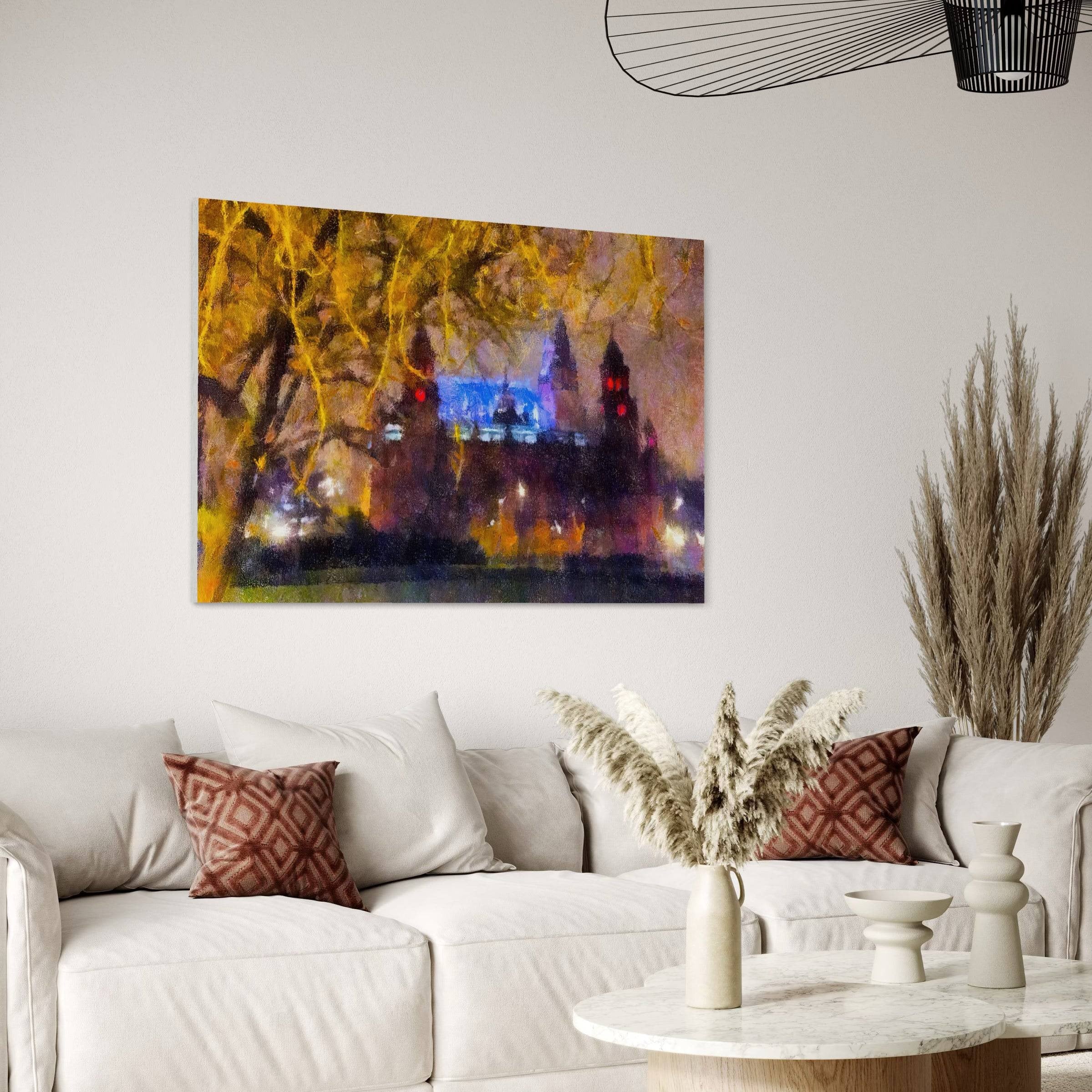 Impressionistic city skyline at night with illuminated buildings and golden trees in Kelvingrove Nights wall art