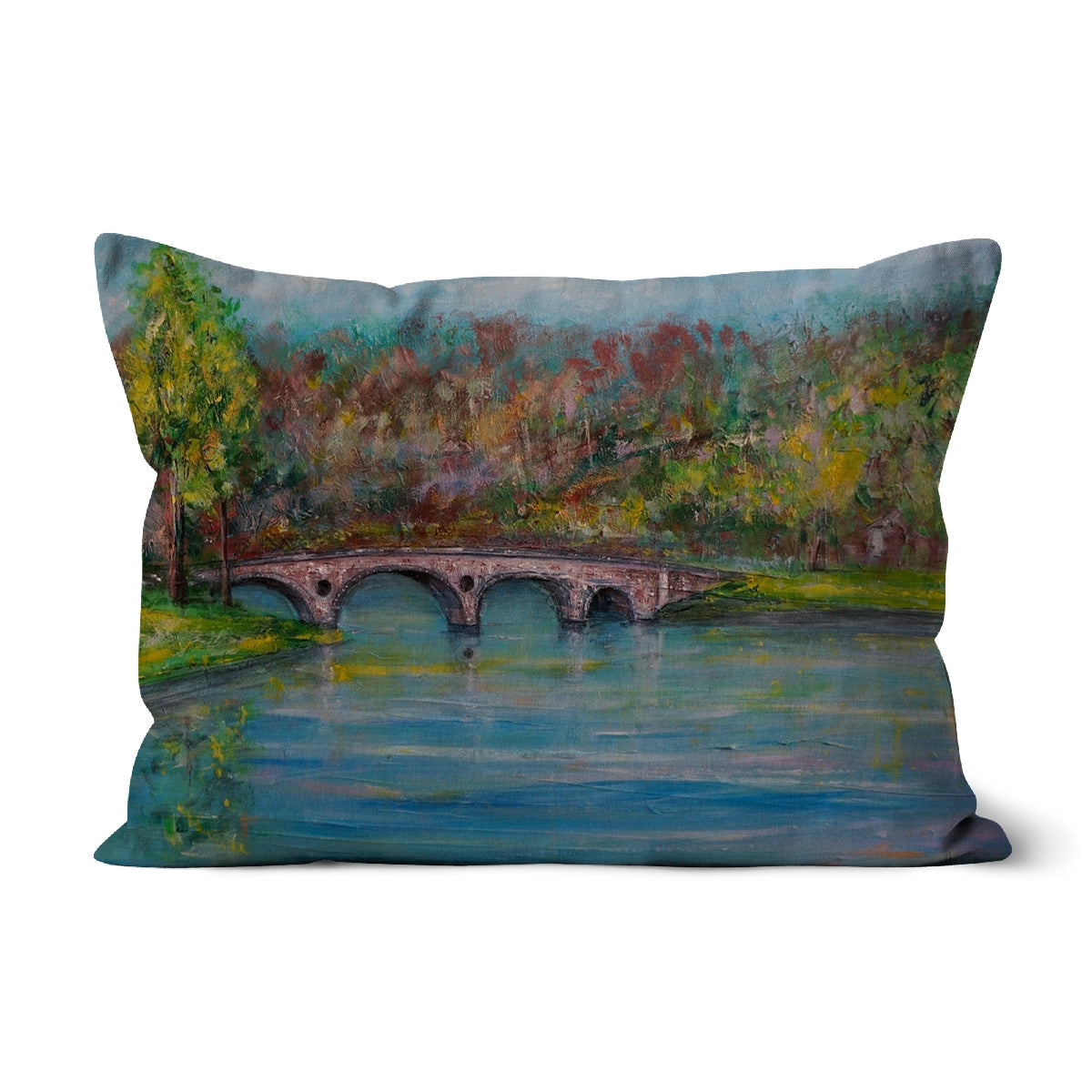 Kenmore Bridge Cushion: Stone Bridge Pillow Cover in Autumn Foliage, Blue-Green