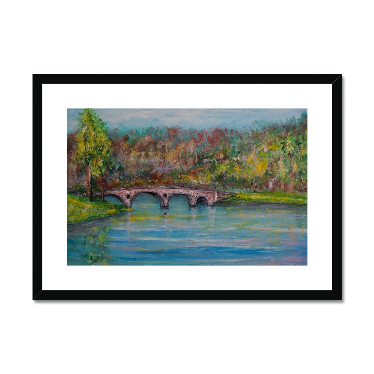 Kenmore Bridge Art Prints: Black framed canvas of stone bridge over water with autumn foliage
