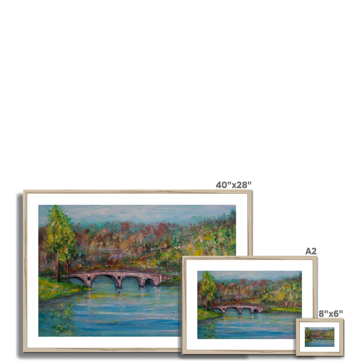 40x28 Framed Kenmore Bridge Landscape Painting with Autumn Foliage