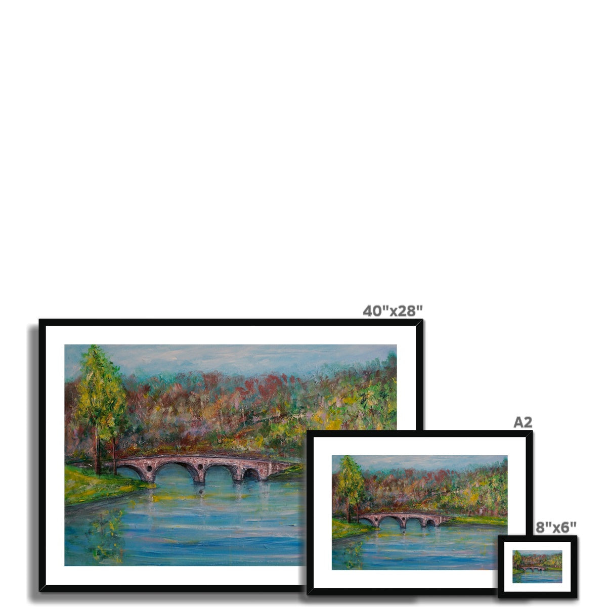 40x28 Framed Kenmore Bridge Landscape Painting with Autumn Foliage