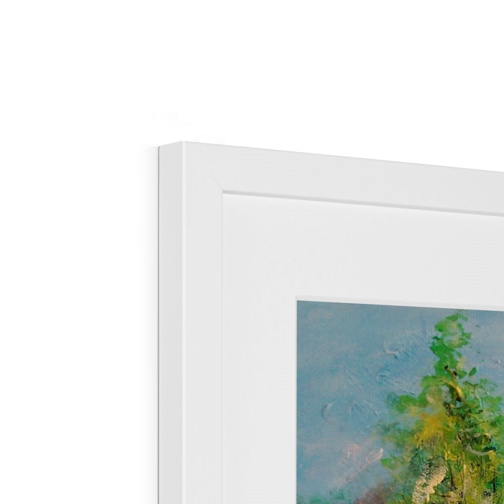 White framed abstract Kenmore Bridge art print in green blue hues