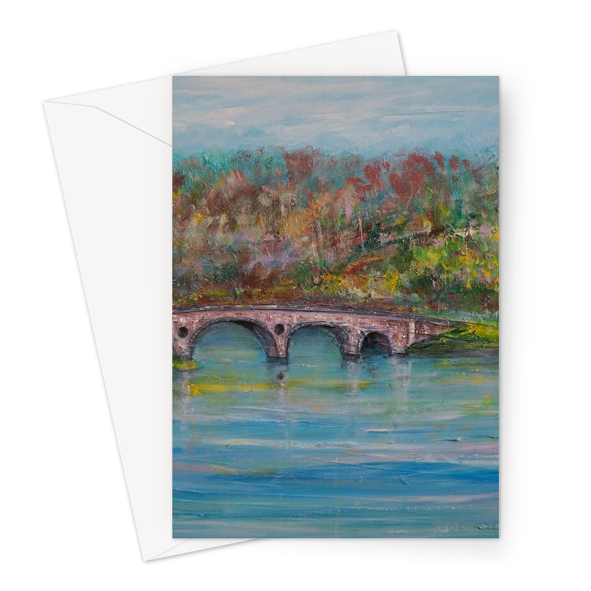 Kenmore Bridge greeting card with stone bridge, blue water reflection, and autumn foliage