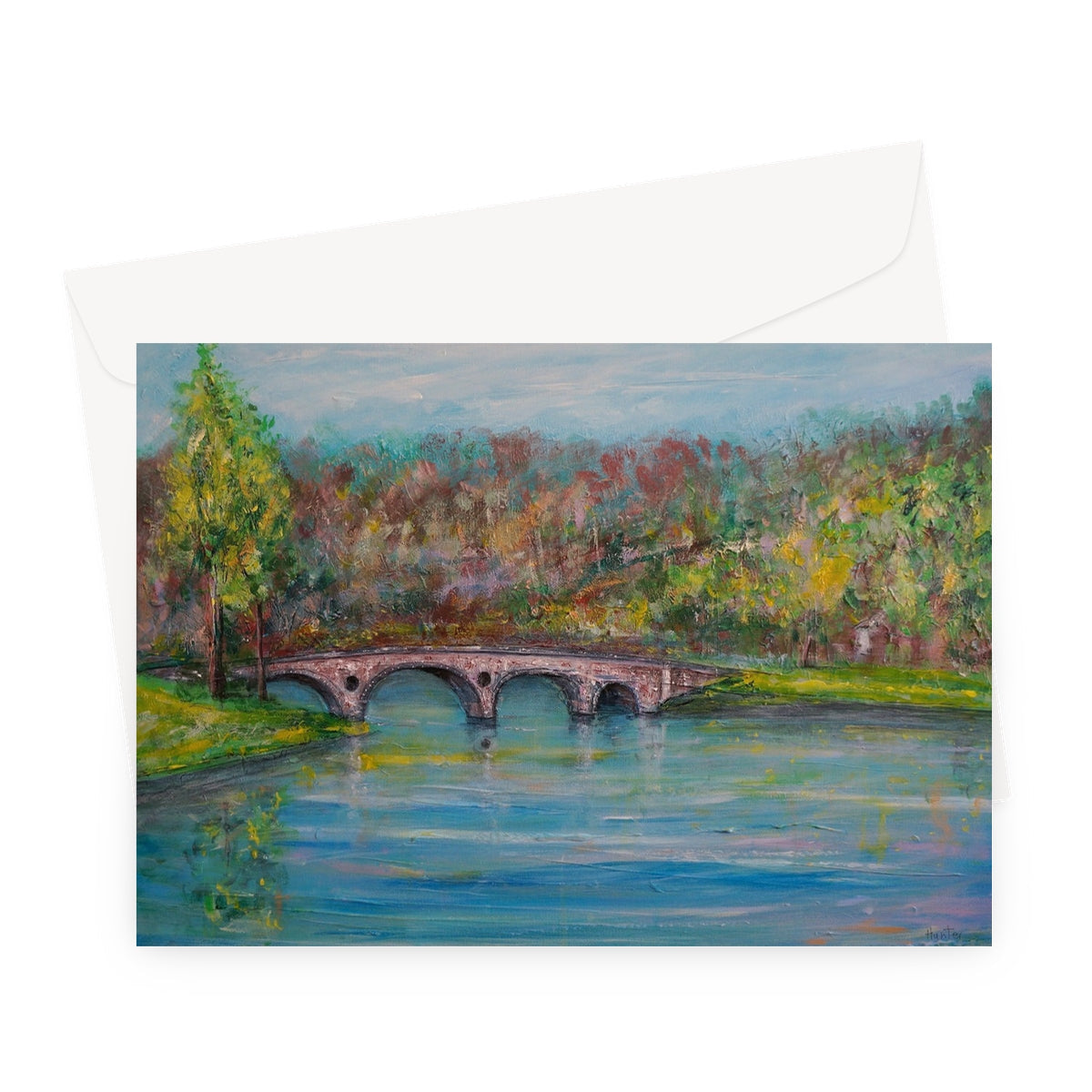 Stone Kenmore Bridge over tranquil river on greeting card