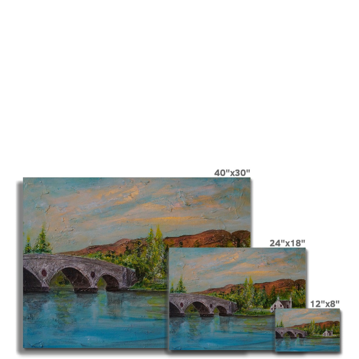 Kenmore Bridge II 40x30 inch canvas print of stone bridge over water with lush greenery and rolling hills