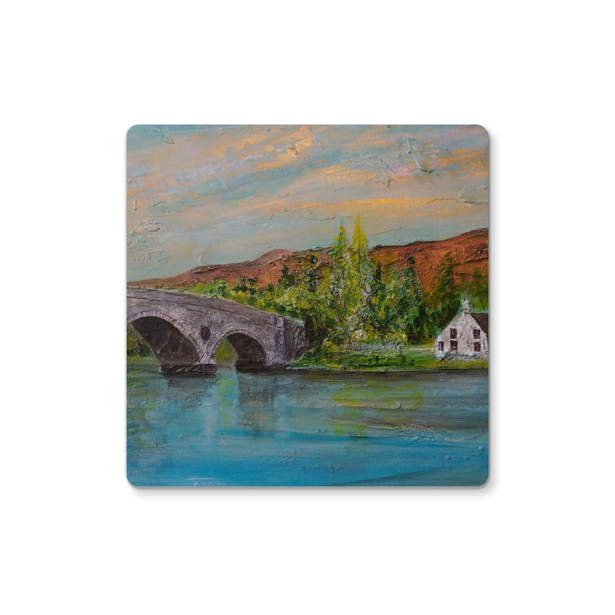 Kenmore Bridge II Coaster stone puzzle piece with white house and trees