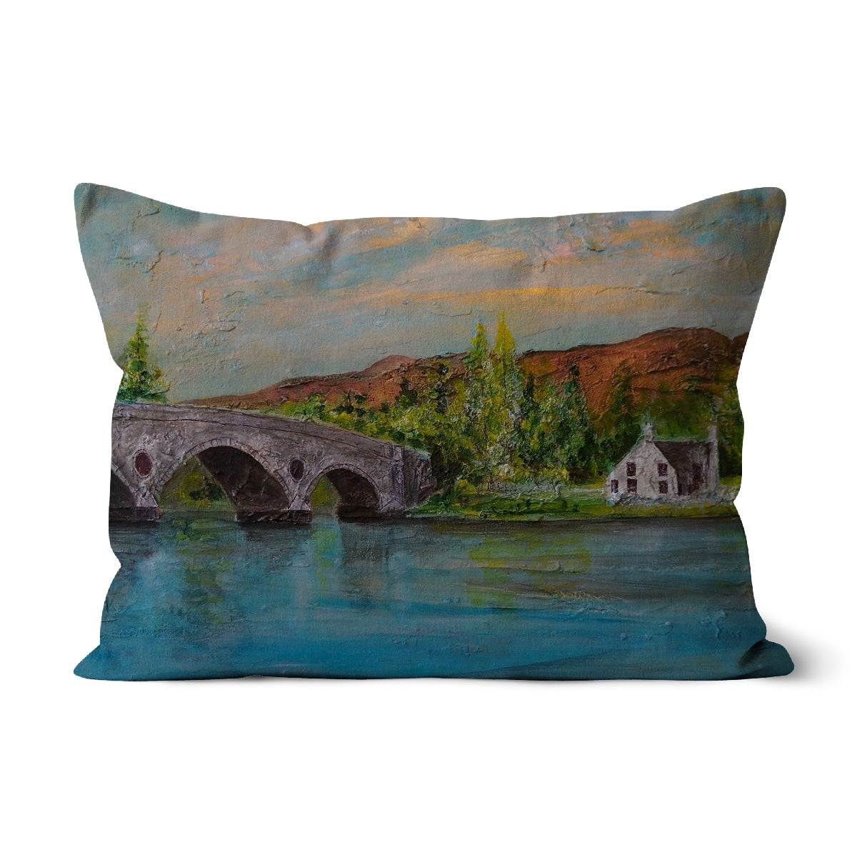 Kenmore Bridge II blue and green fabric cushion with bridge design