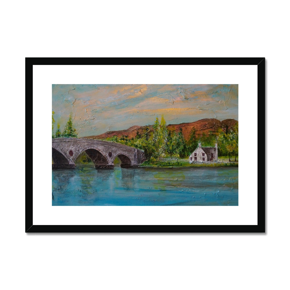 Black-framed Kenmore Bridge II art print of stone bridge over water