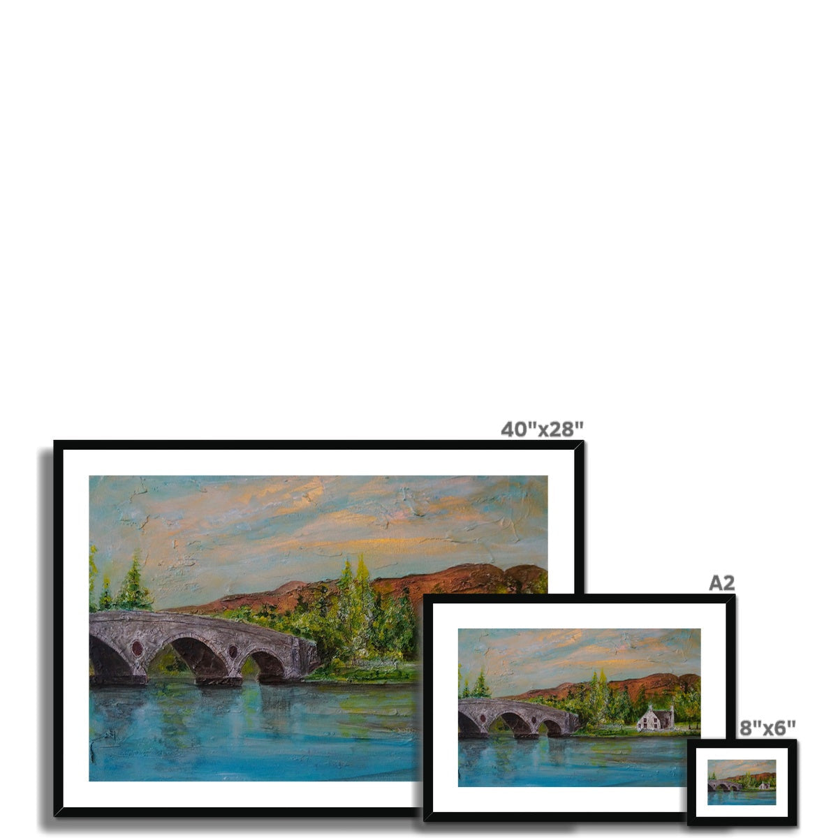 40x28 inch framed Kenmore Bridge II landscape painting in sunset hues