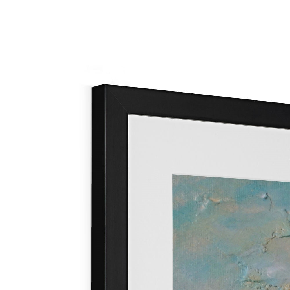 Kenmore Bridge II abstract art print in black frame with blue white tones