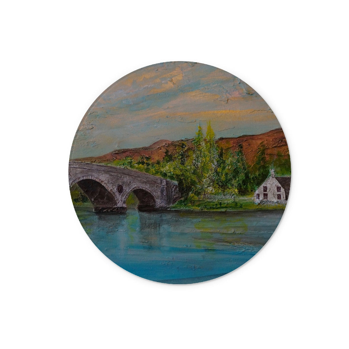 Rustic stone bridge coaster on Kenmore Bridge II glass chopping board