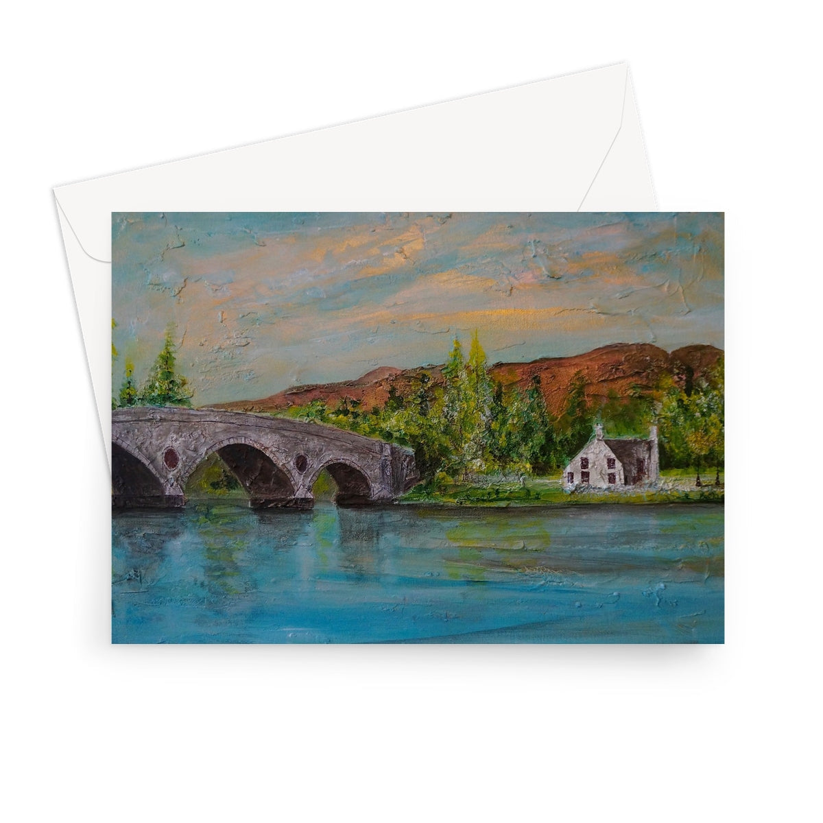 Rustic Kenmore Bridge II greeting card with stone bridge and green trees