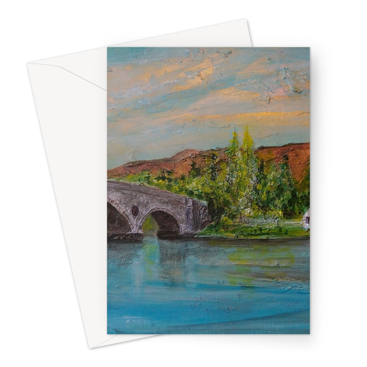 Kenmore Bridge II greeting card with arched stone bridge and green trees