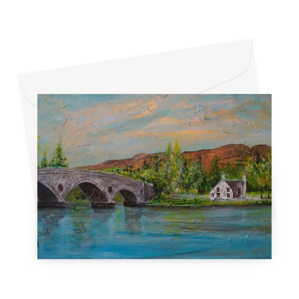 Kenmore Bridge II greeting card: arched stone bridge over river with greenery