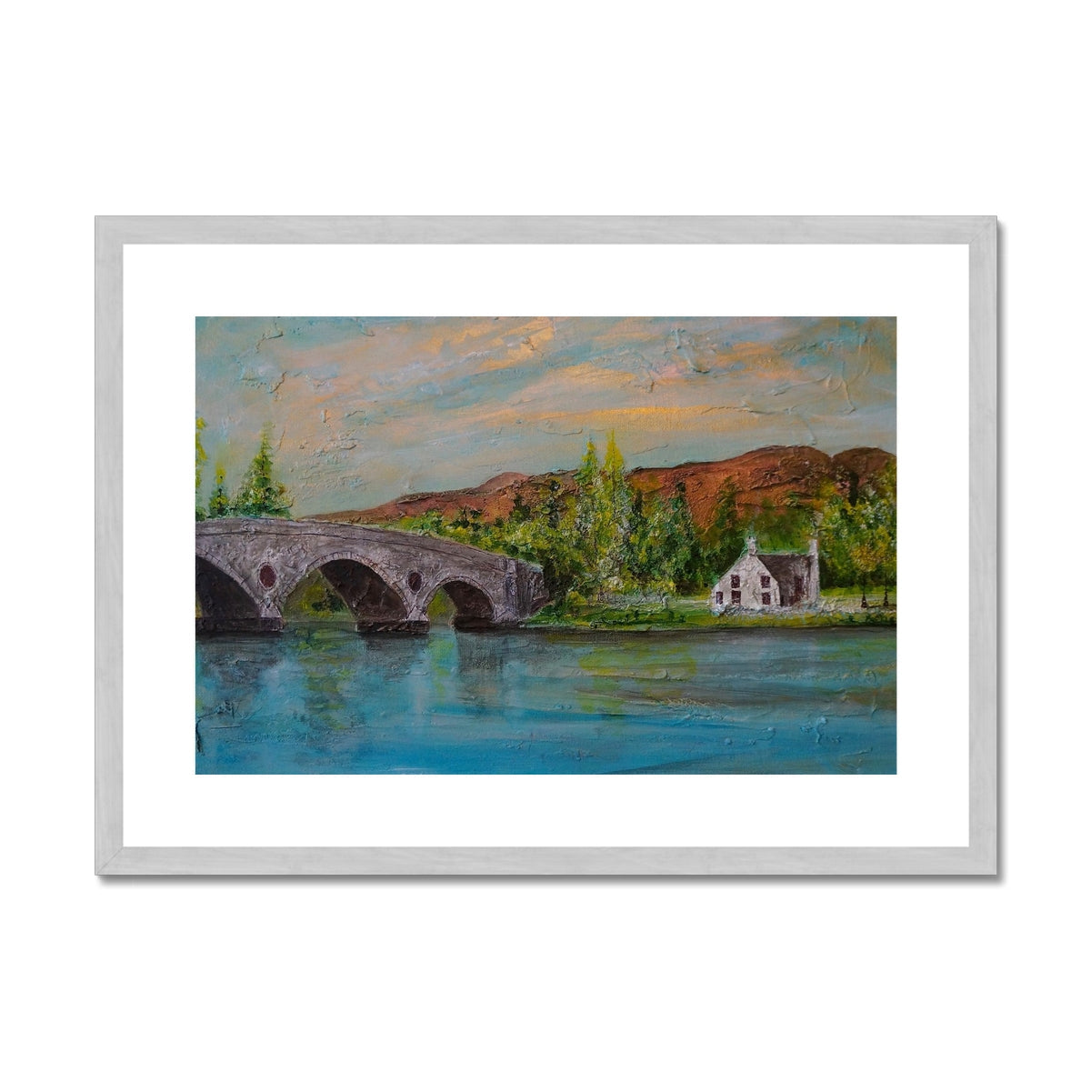 Kenmore Bridge ii Painting | Antique Framed & Mounted Prints From Scotland-Antique Framed & Mounted Prints-Scottish Highlands & Lowlands Art Gallery-A2 Landscape-Silver Frame-Paintings, Prints, Homeware, Art Gifts From Scotland By Scottish Artist Kevin Hunter