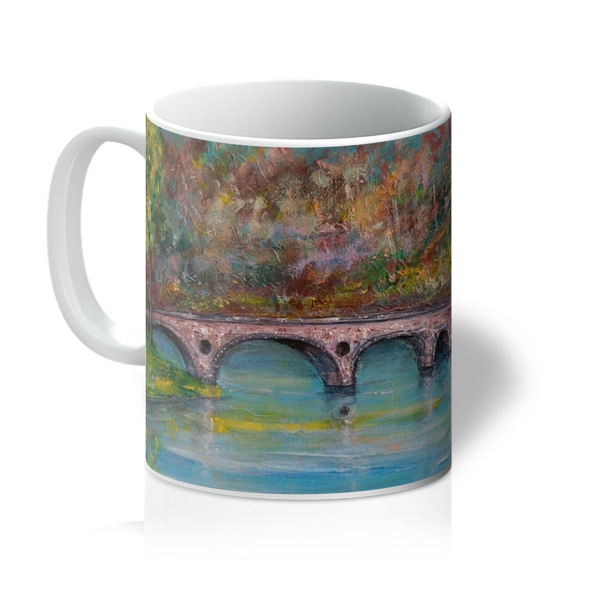 Kenmore Bridge Mug with ceramic bridge design in earthy tones and water reflections