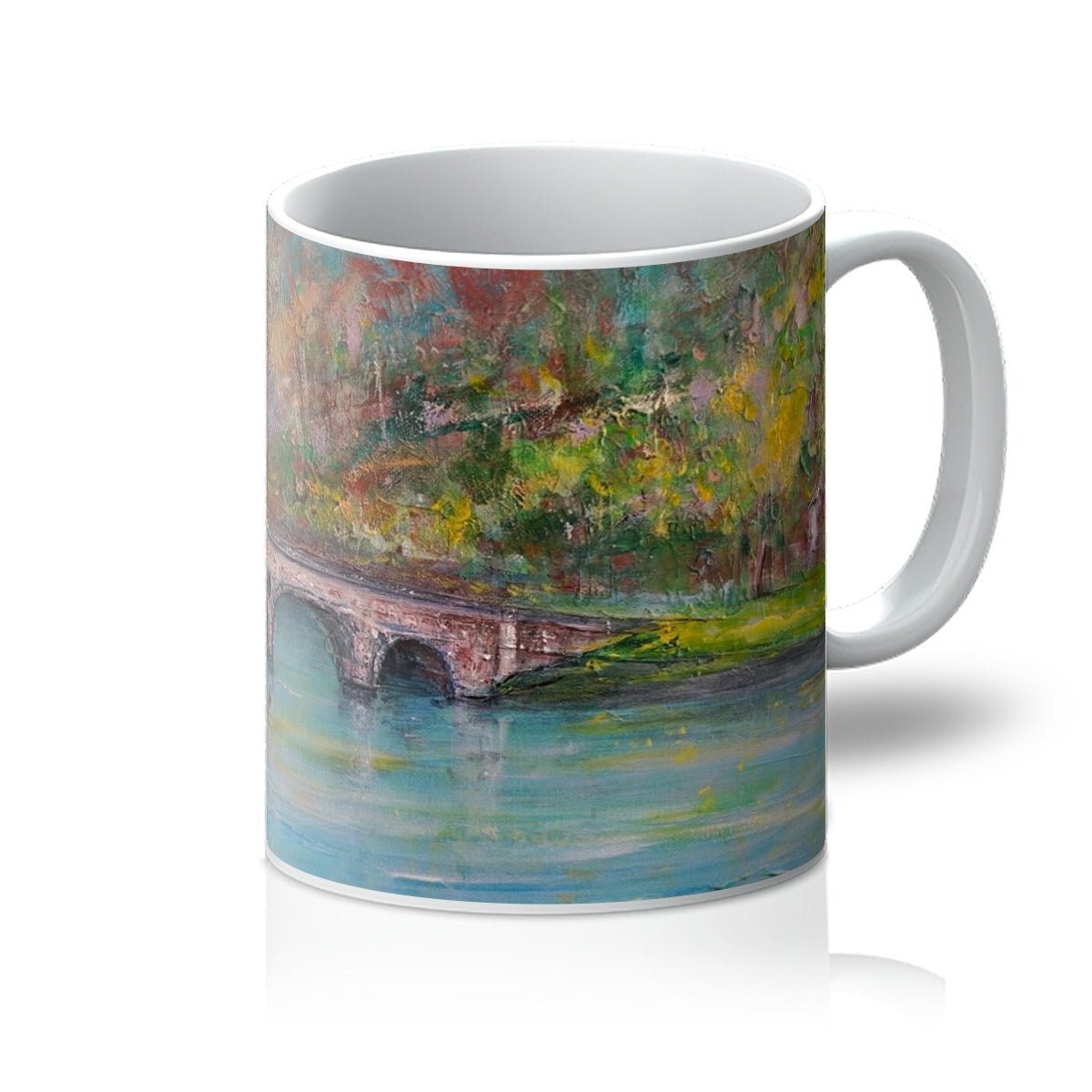 Kenmore Bridge Mug: Ceramic with bridge design, earthy tones, greenery