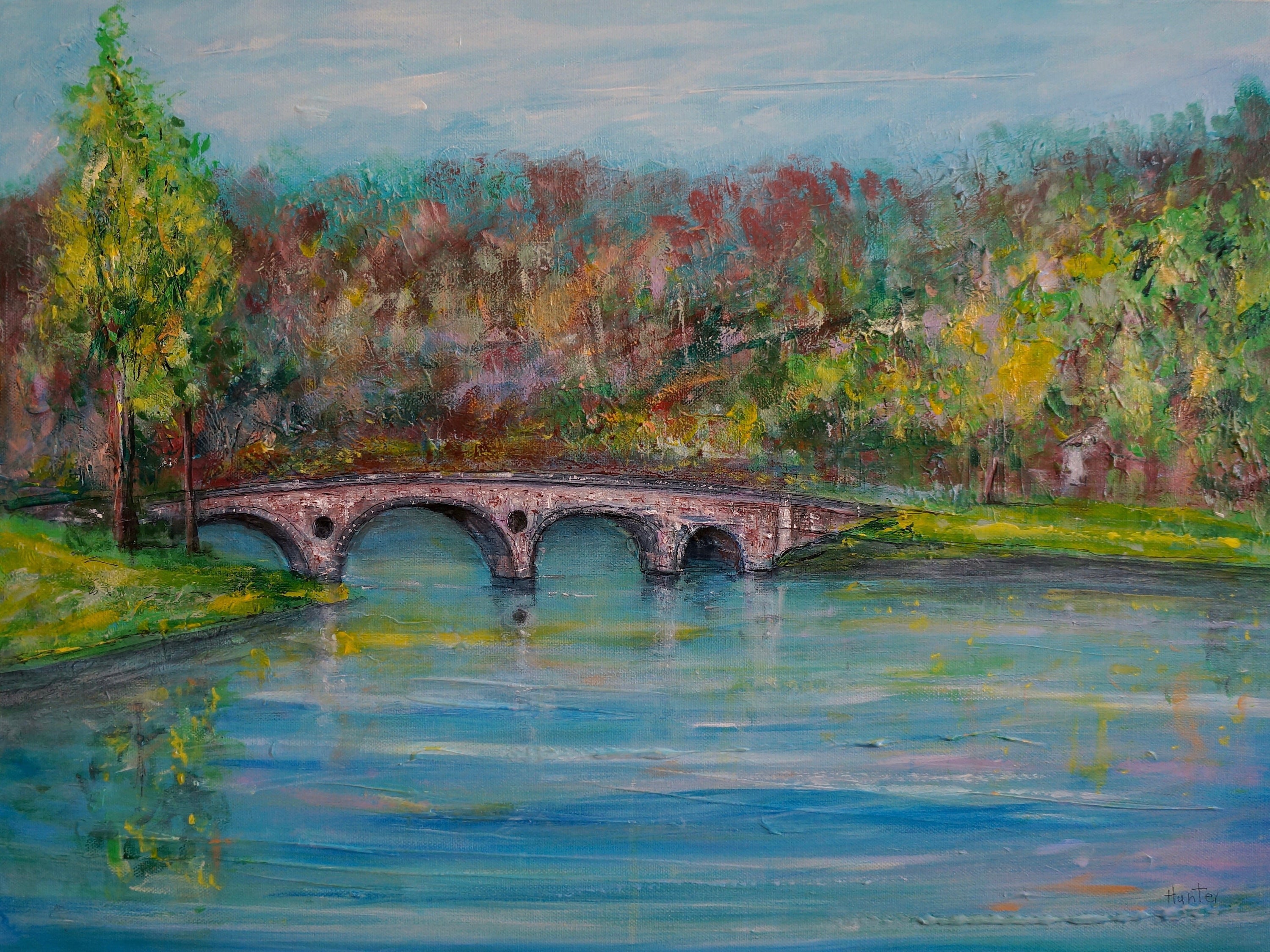 Oil painting of Kenmore Bridge over water in a classic stone bridge artwork