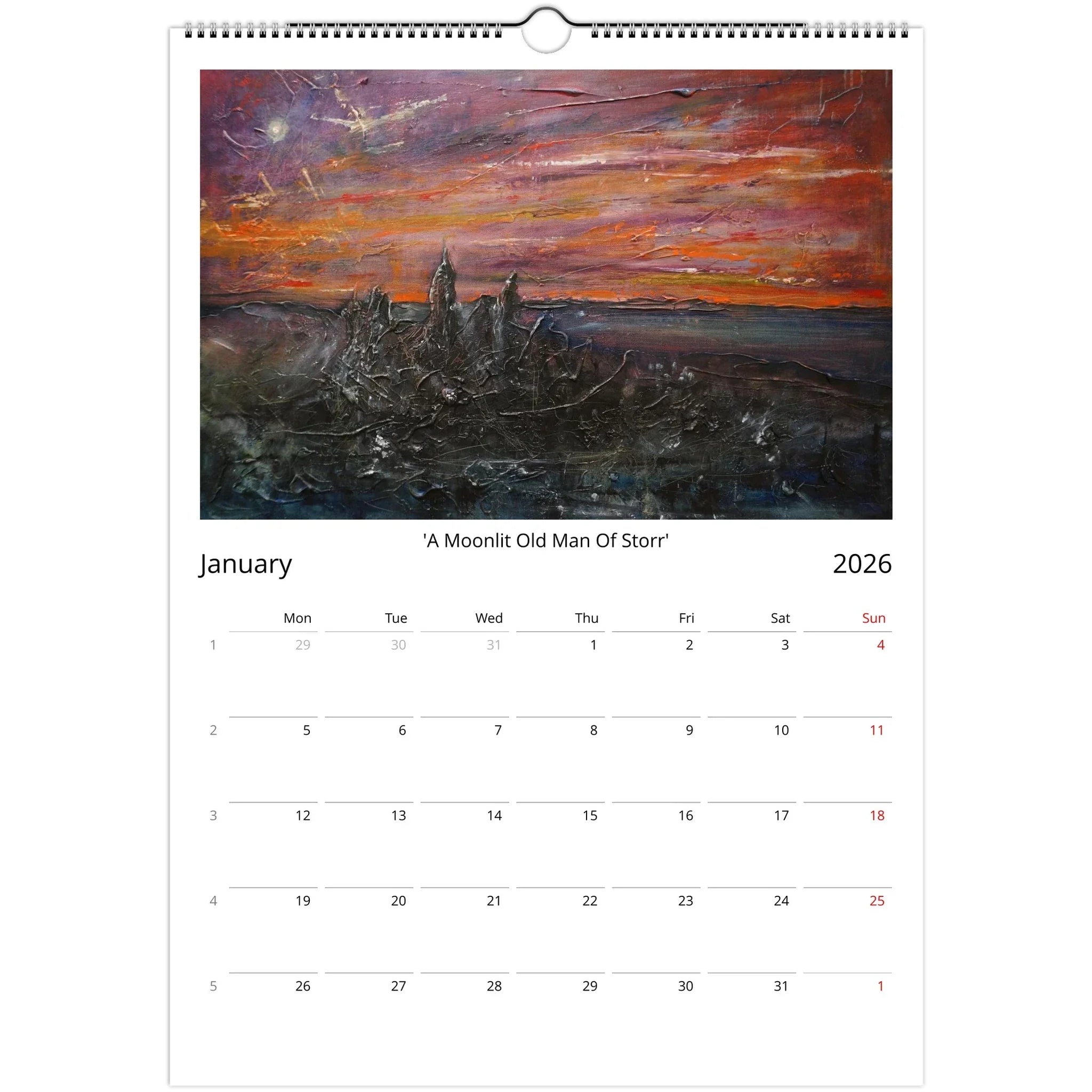 Wall calendar displaying an abstract landscape painting from Kevin Hunter 2026 Art Calendar