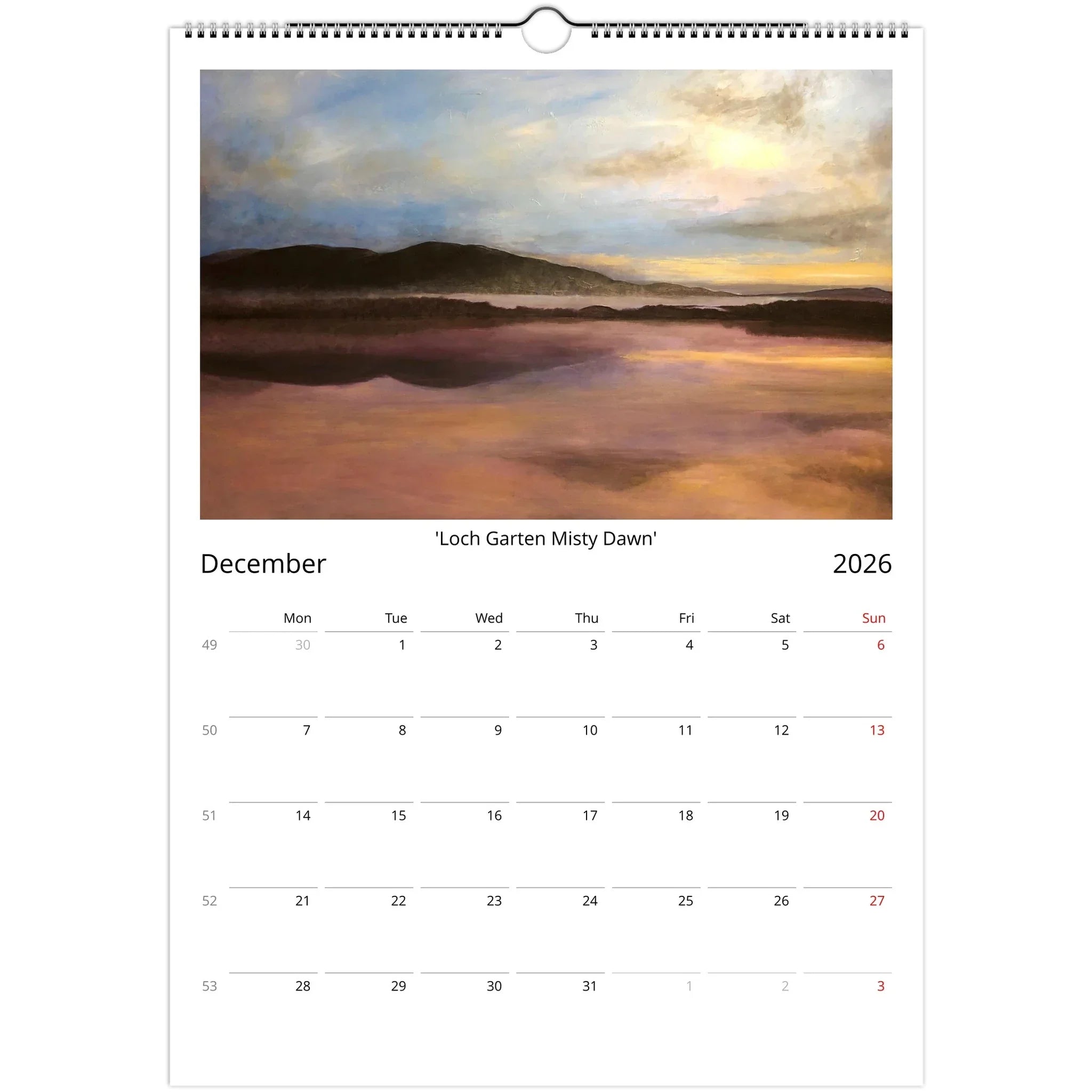 Wall calendar for December 2026 featuring a misty dawn over a Loch painting in Kevin Hunter Art Calendar