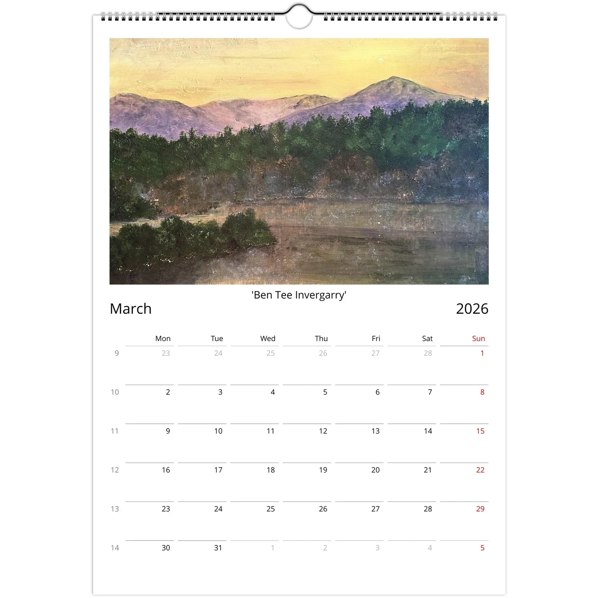 Wall calendar showing March 2026 from Kevin Hunter 2026 Art Calendar
