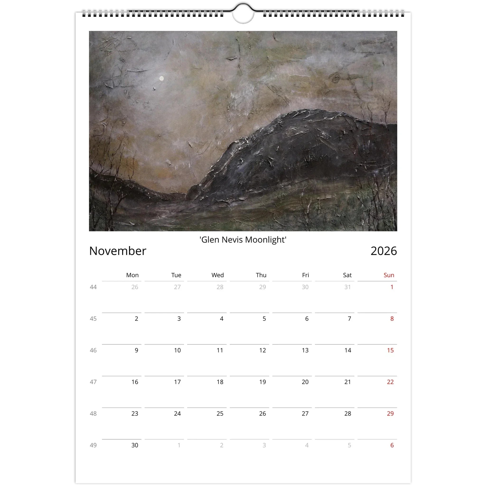 Spiral-bound Kevin Hunter 2026 Art Calendar with moonlit landscape for November 2026
