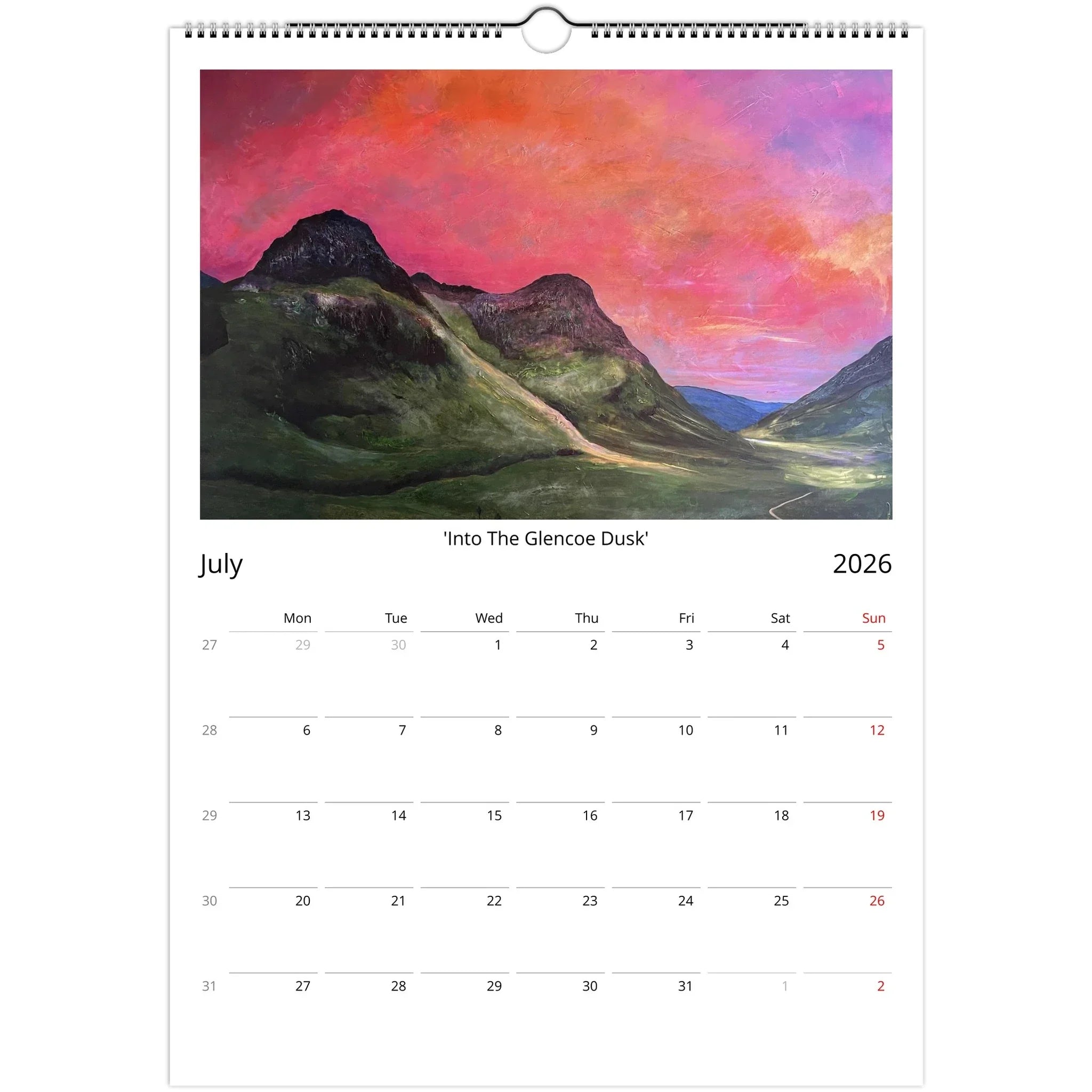 Kevin Hunter 2026 Art Calendar featuring July 2026 with a mountainous dusk landscape