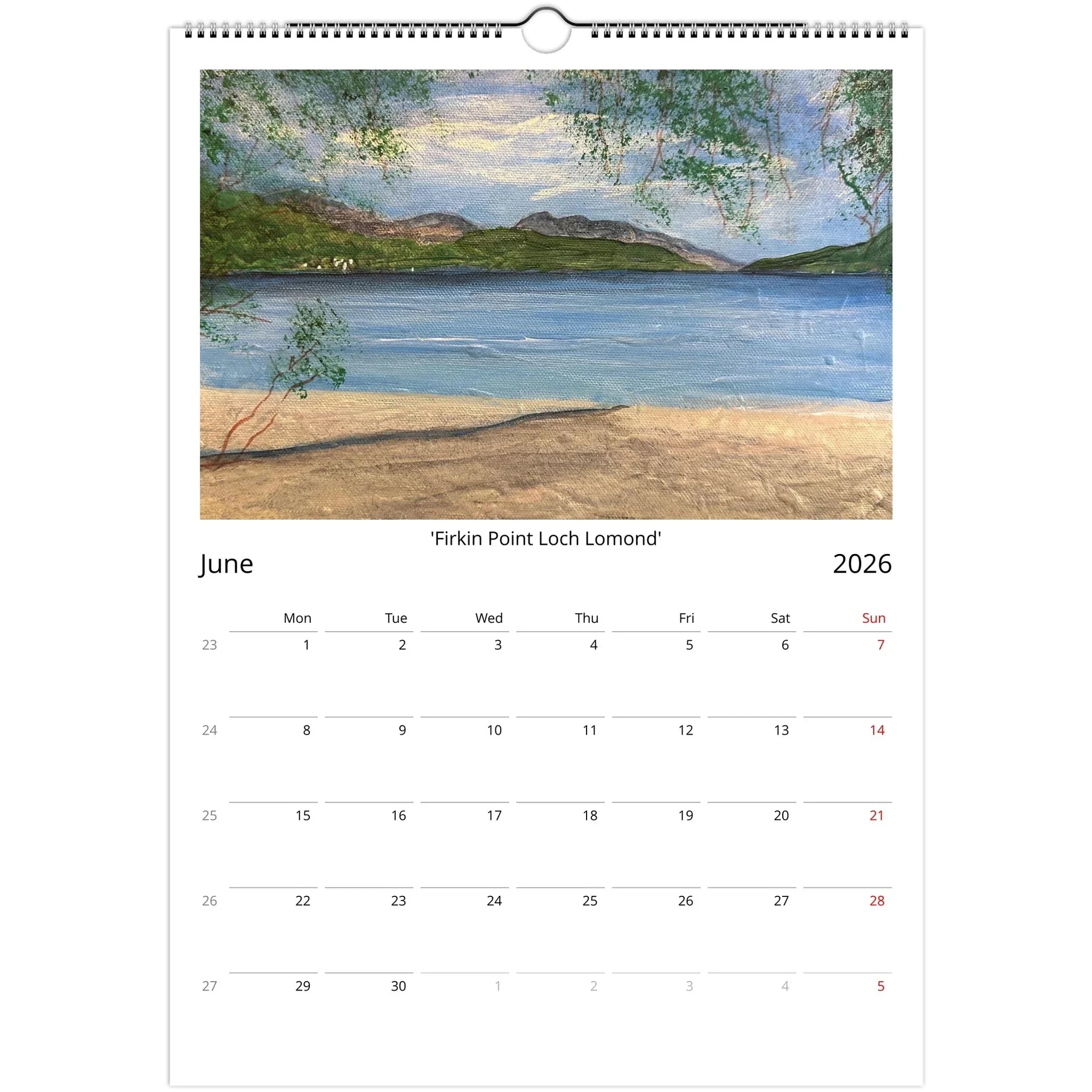 White wall calendar featuring a lake and mountain painting from Kevin Hunter 2026 Art Calendar