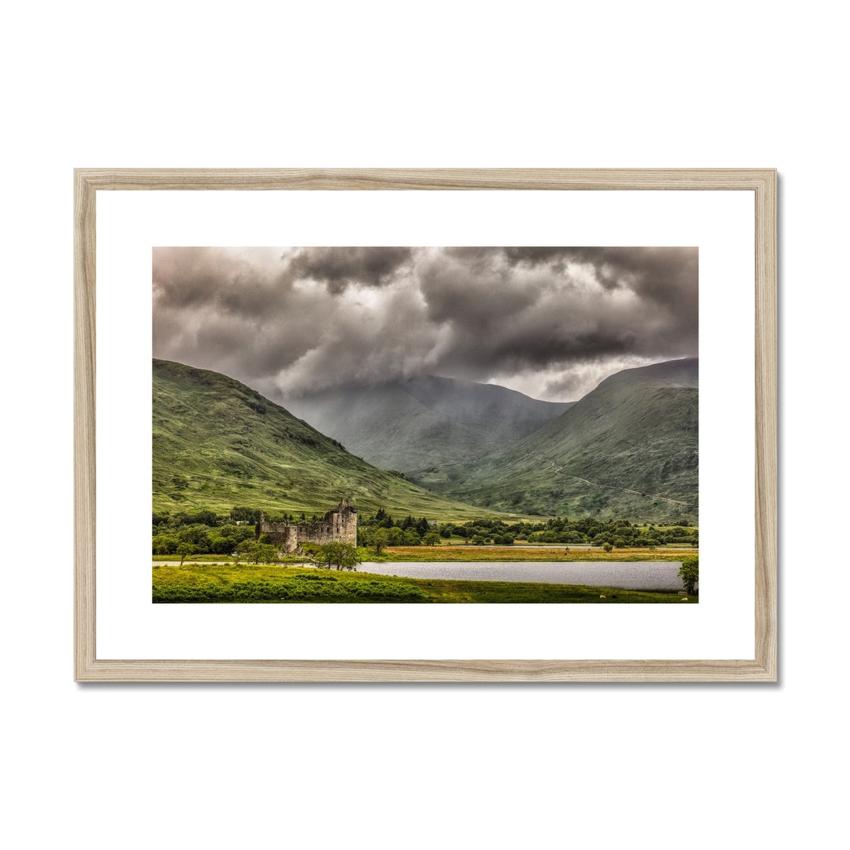Kilchurn Castle print: wooden frame, dramatic sky, serene lake