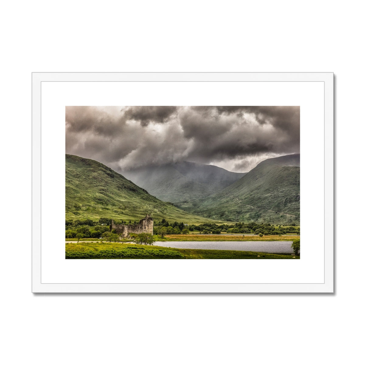 Kilchurn Castle white-framed print of green mountains and cloudy sky
