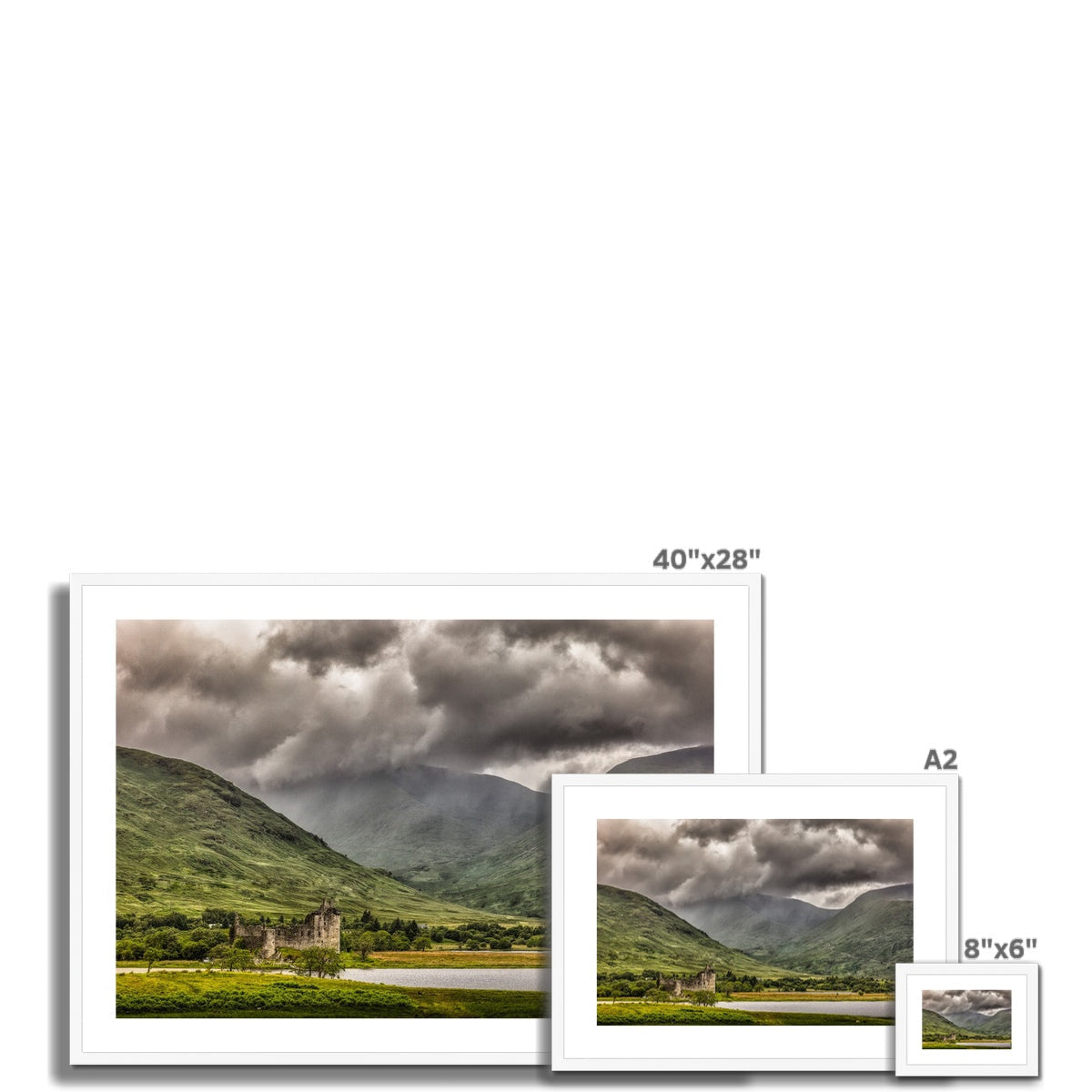 Kilchurn Castle 40x28 inch framed print with dramatic clouds and green mountains