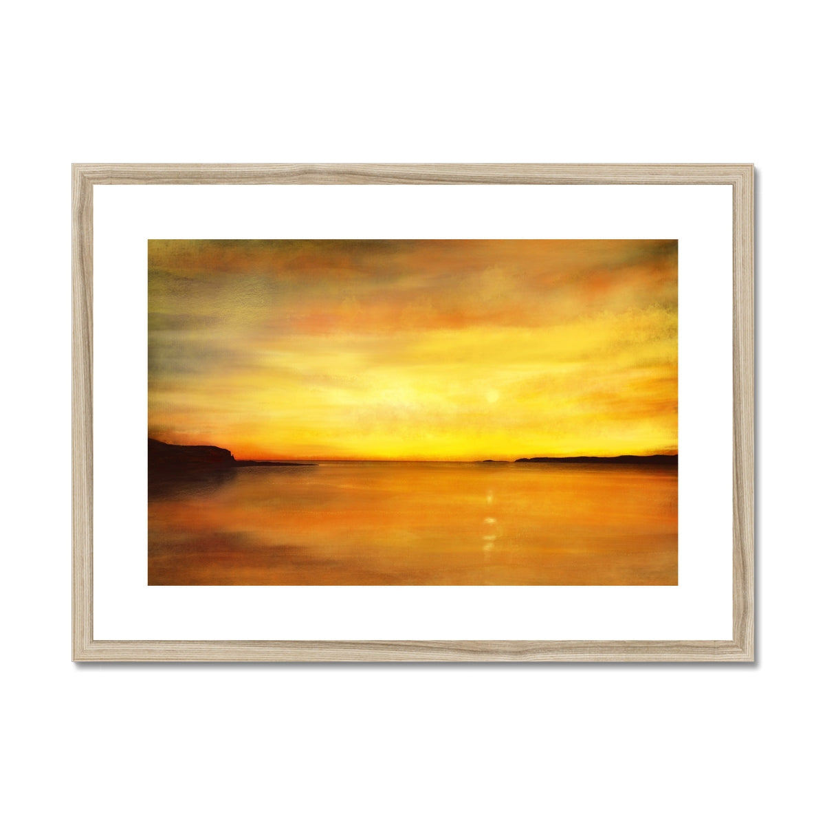 Kings Cave Sunset Arran gold orange abstract landscape print in white frame