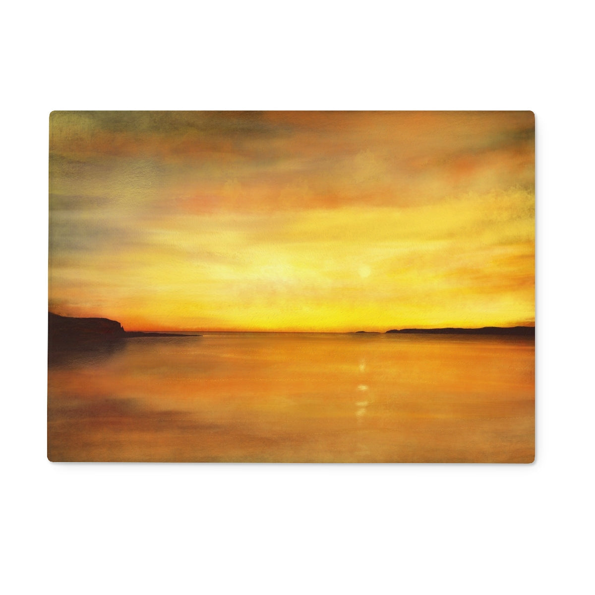 Golden sunset beach canvas print on Kings Cave Arran chopping board