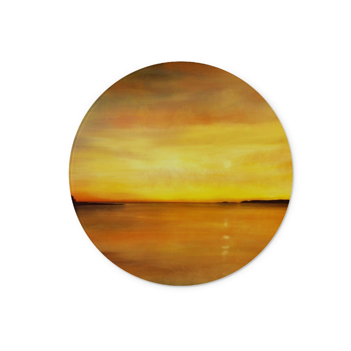 Kings Cave Sunset Arran glass chopping board with golden sunset coaster