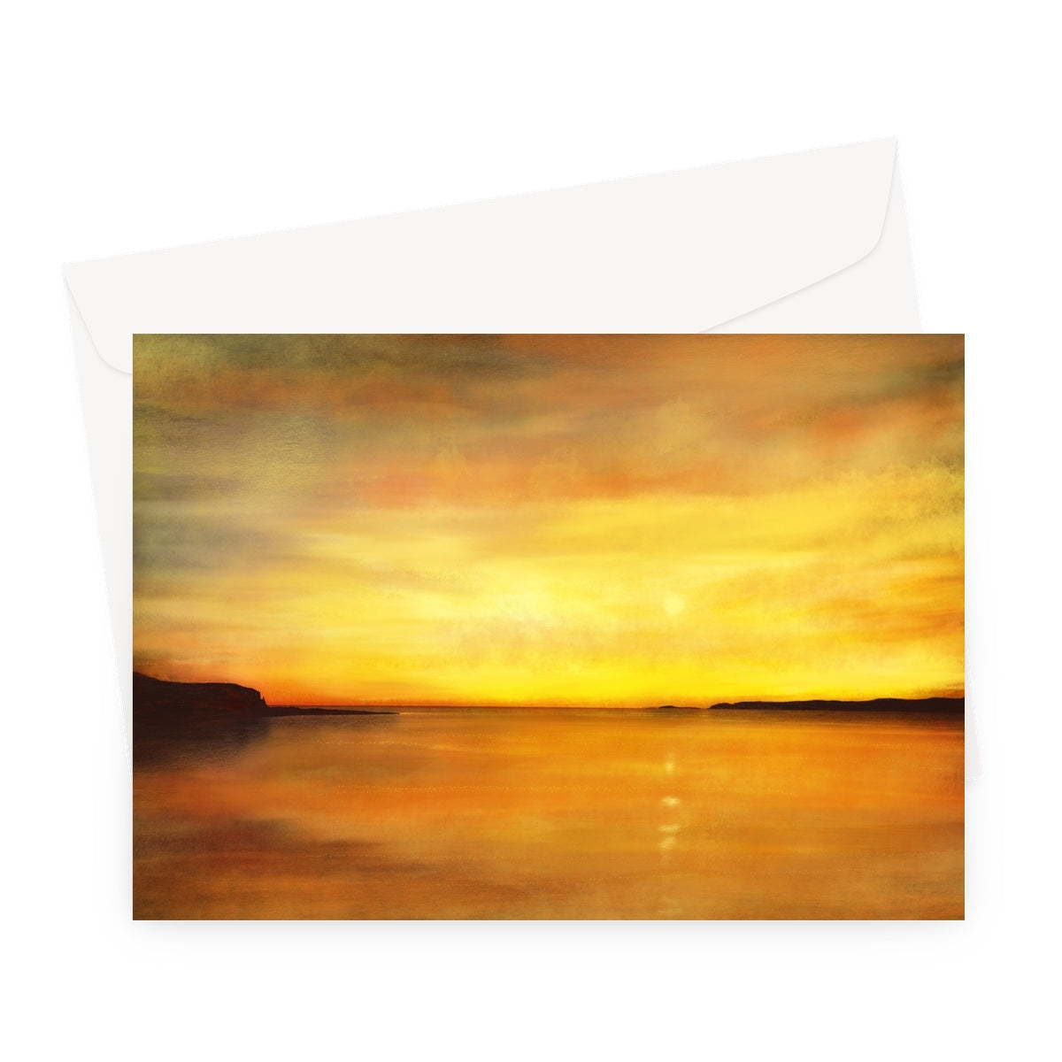 Golden sunset watercolor greeting card over calm waters, Kings Cave Sunset Arran