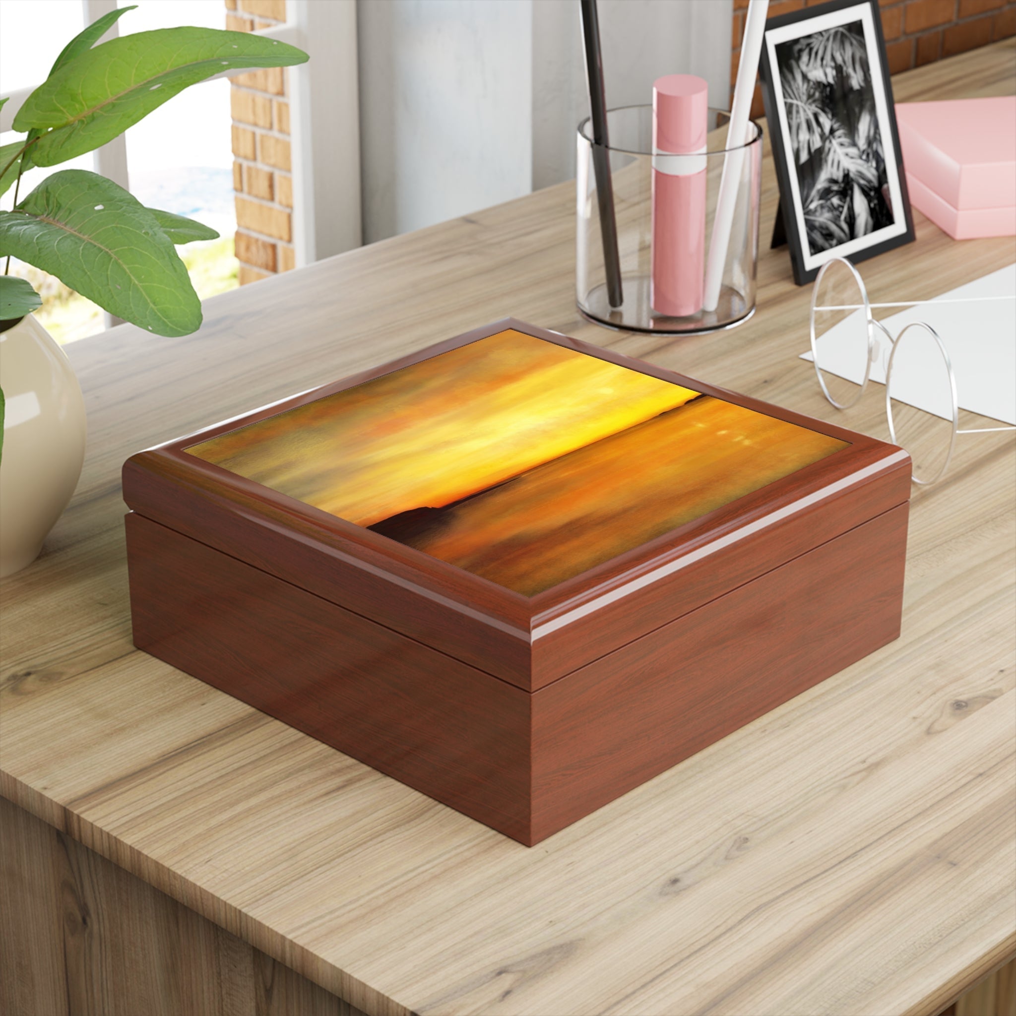 Kings Cave Sunset Arran jewelry box with orange sunset lid