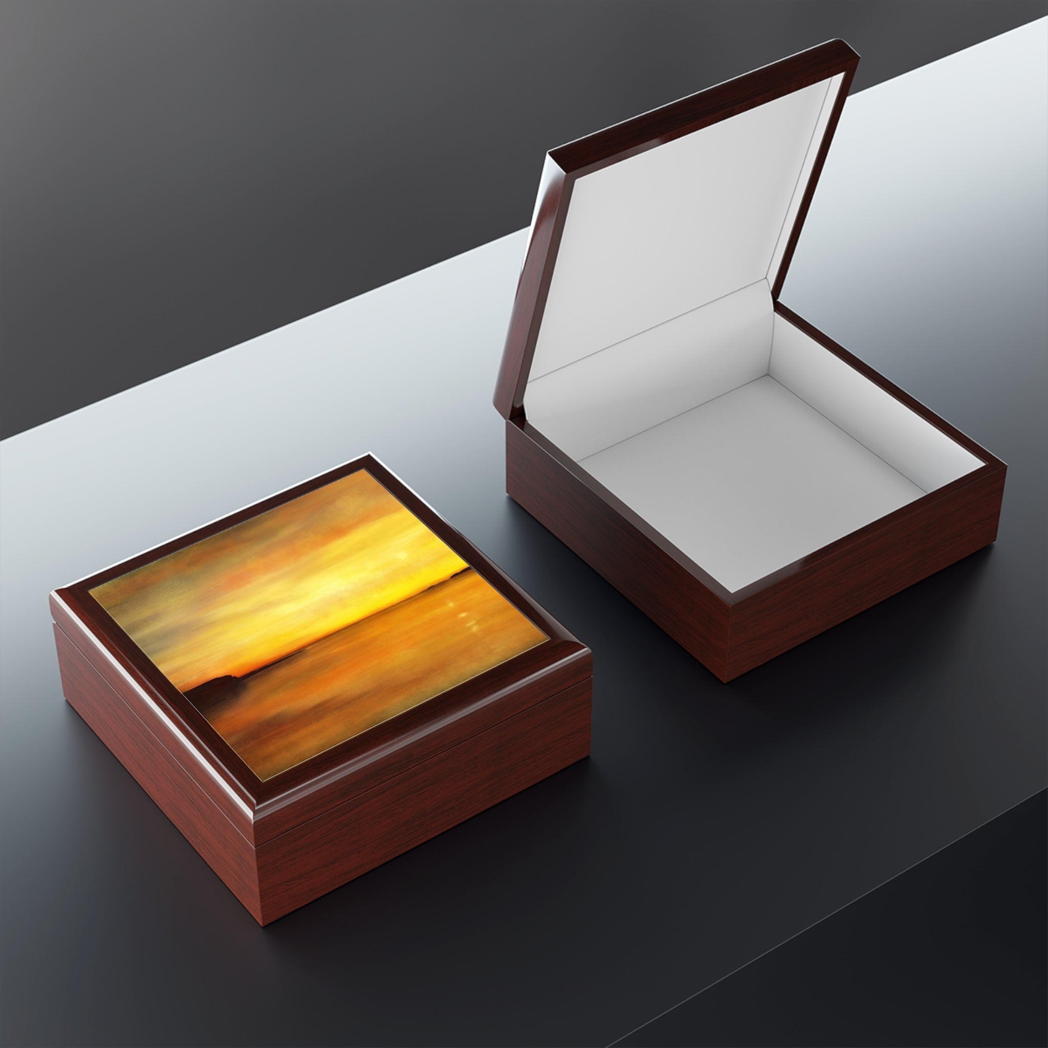 Kings Cave Sunset Arran jewellery box with glossy wooden finish and sunset lid