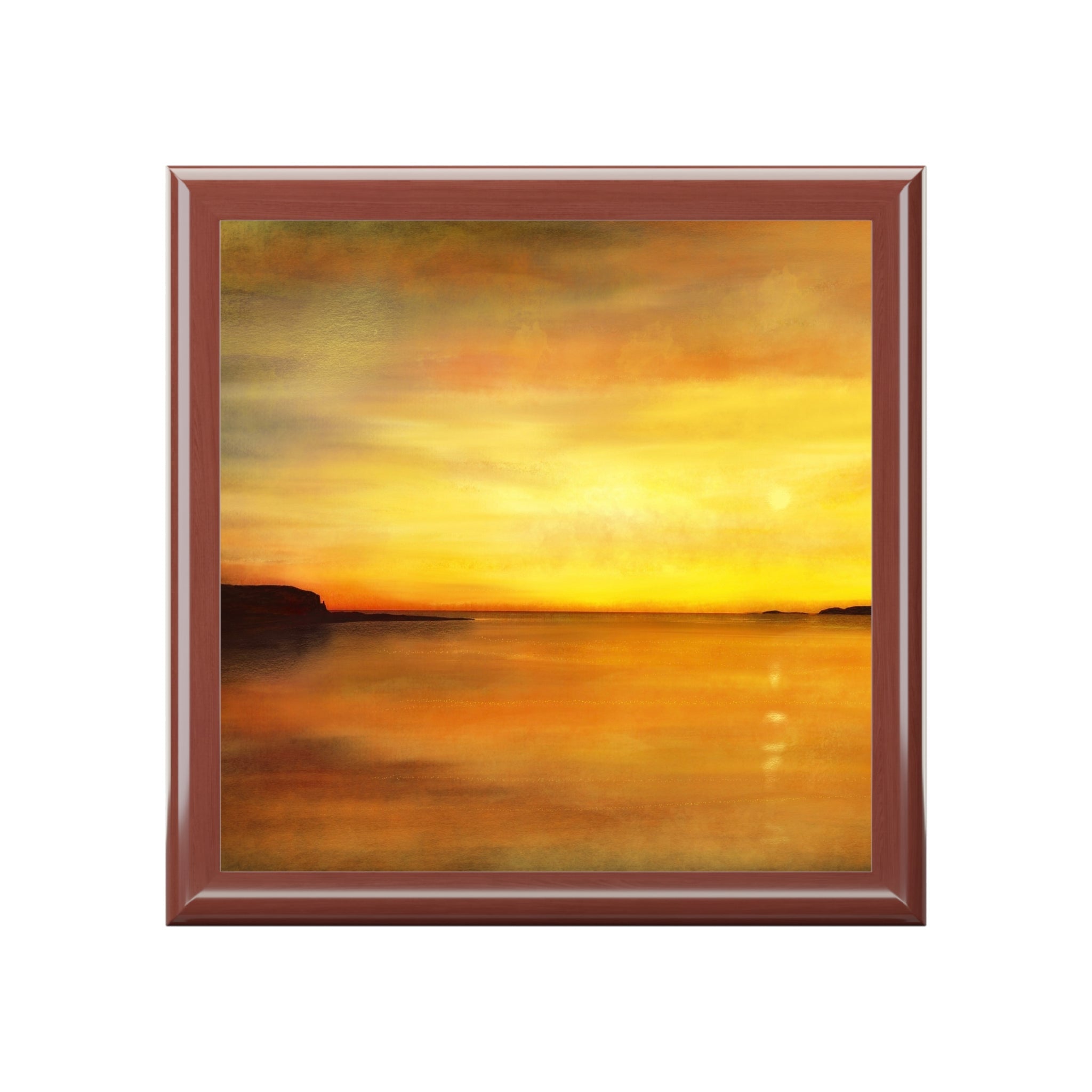 Square-framed Kings Cave Sunset Arran artwork in jewelry box