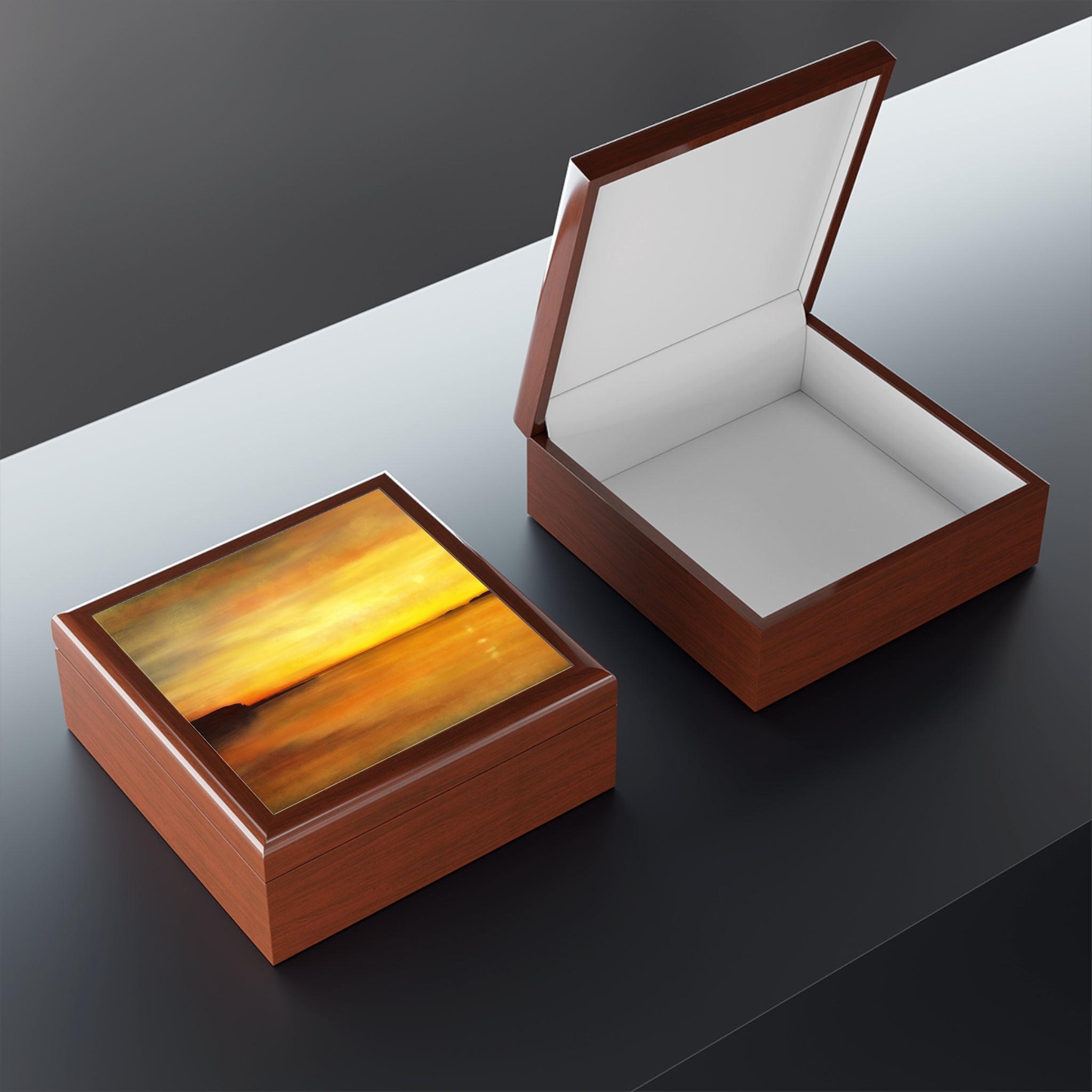 Kings Cave Sunset Arran jewelry box with orange sunset lid