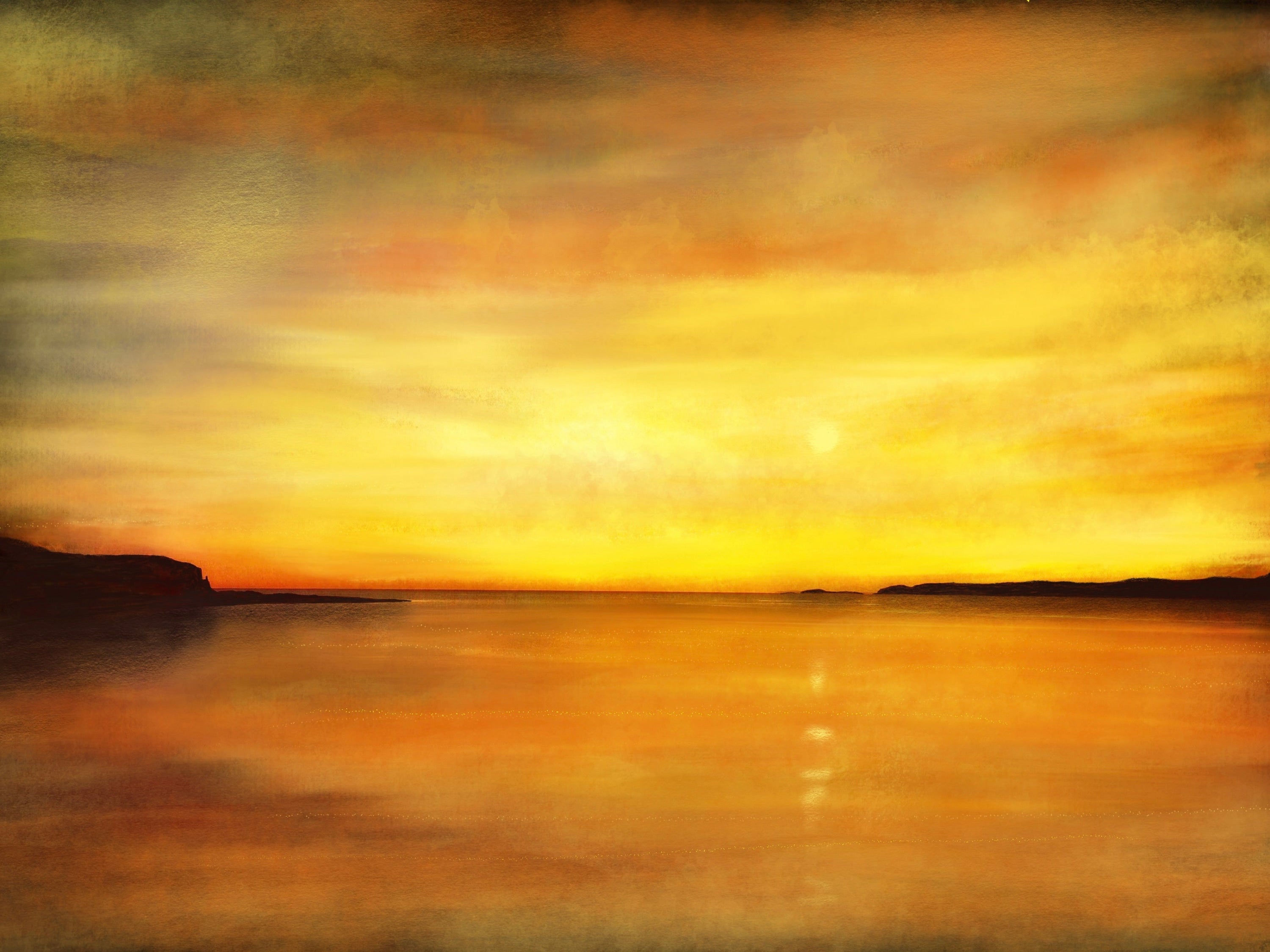 Golden sunset over water in Kings Cave Sunset Arran Original Painting