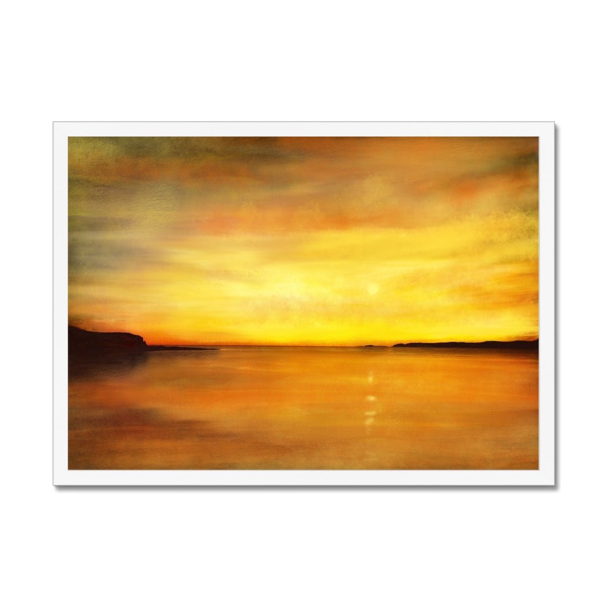 King's Cave Sunset Arran Painting | Framed Prints From Scotland-Framed Prints-Arran Art Gallery-A2 Landscape-White Frame-Paintings, Prints, Homeware, Art Gifts From Scotland By Scottish Artist Kevin Hunter