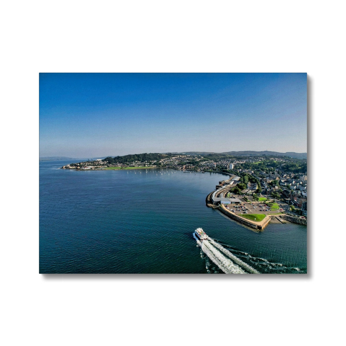 Sleek blue and white boat in Kip Marina photography canvas print