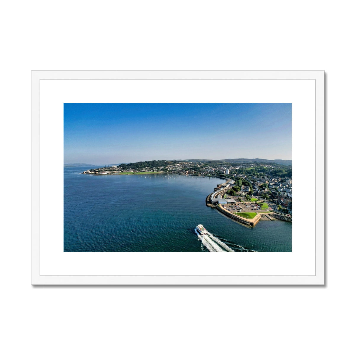 White Framed Kip Marina Coastal Boat and Island Canvas Print